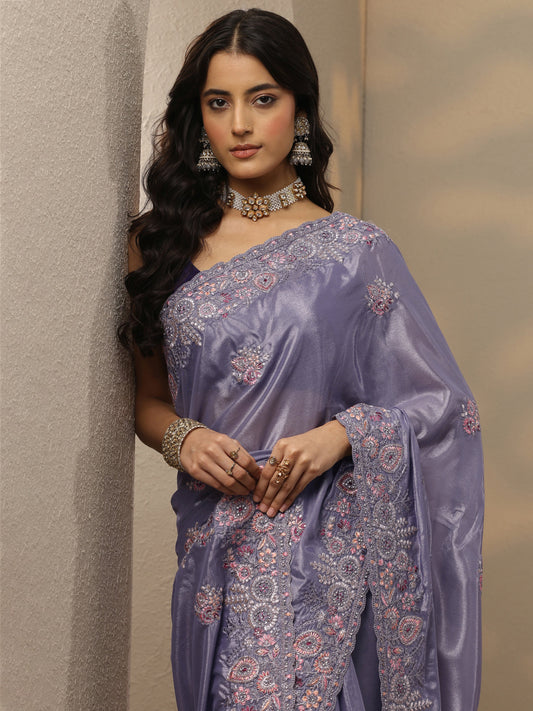 Lavender Embroidered Crepe Saree With Unstitched Blouse Piece
