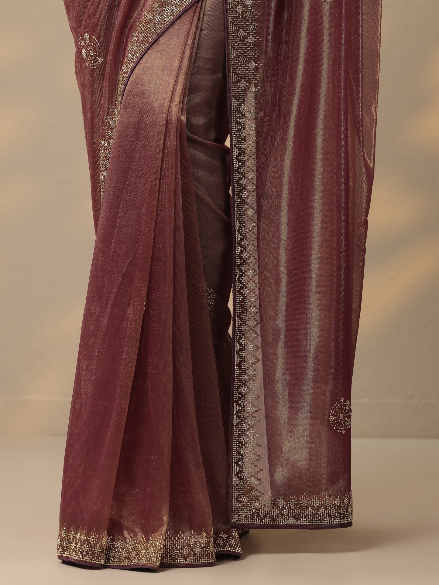 Mauve Embellished Nylon Saree With Unstitched Blouse Piece