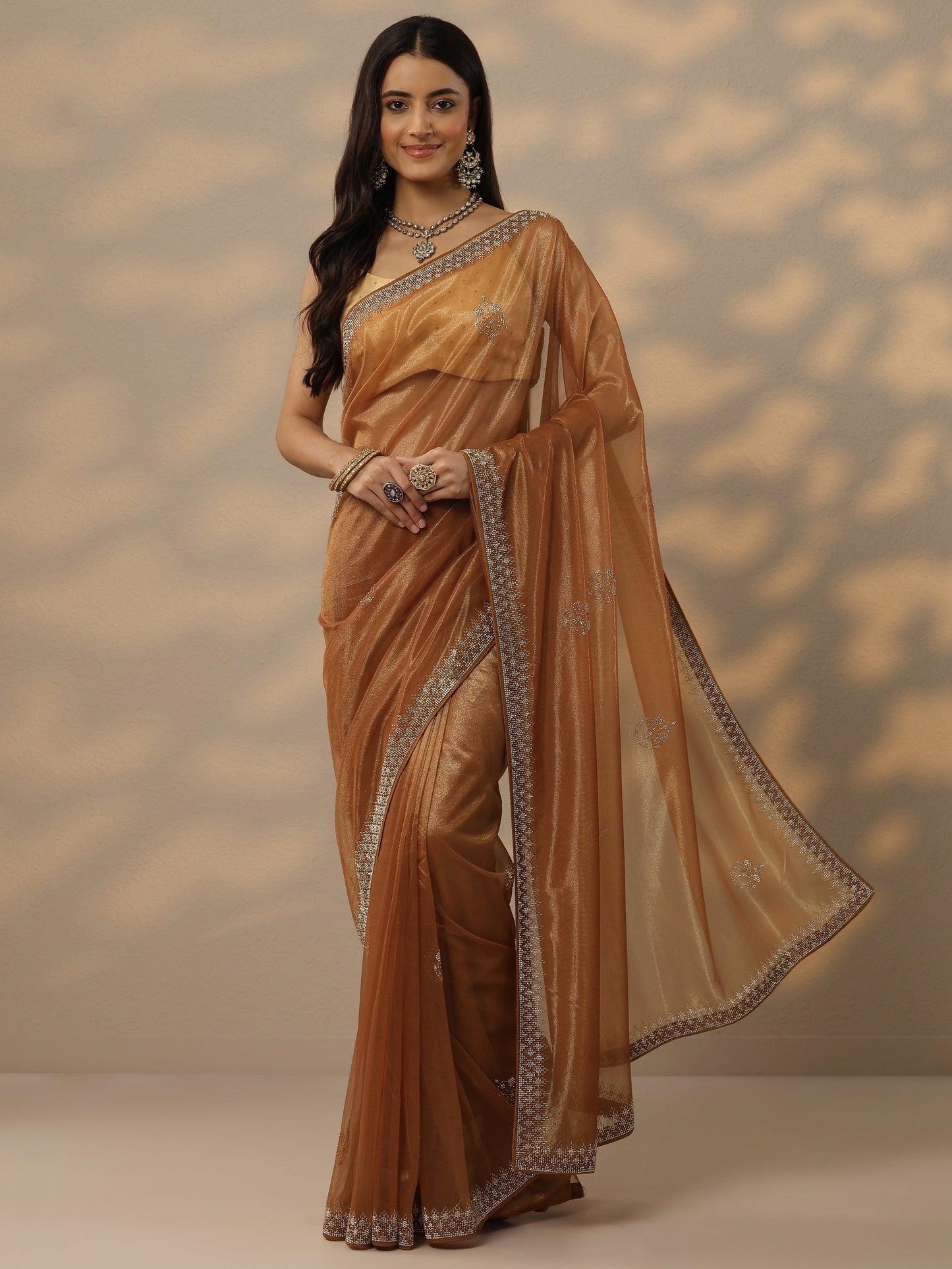 Rust Embellished Nylon Saree With Unstitched Blouse Piece
