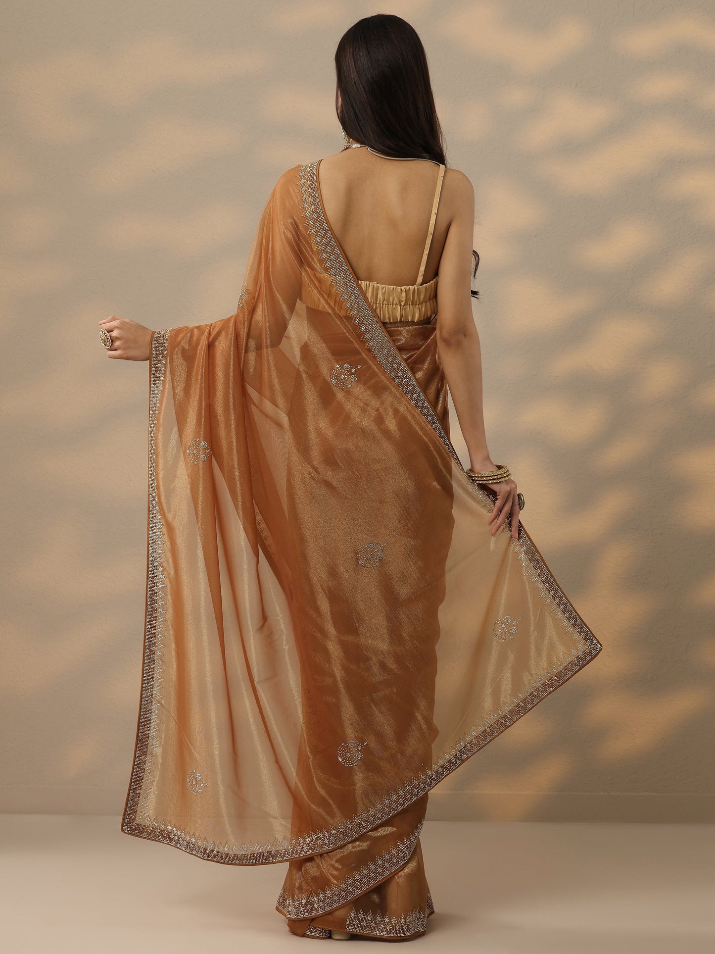 Rust Embellished Nylon Saree With Unstitched Blouse Piece