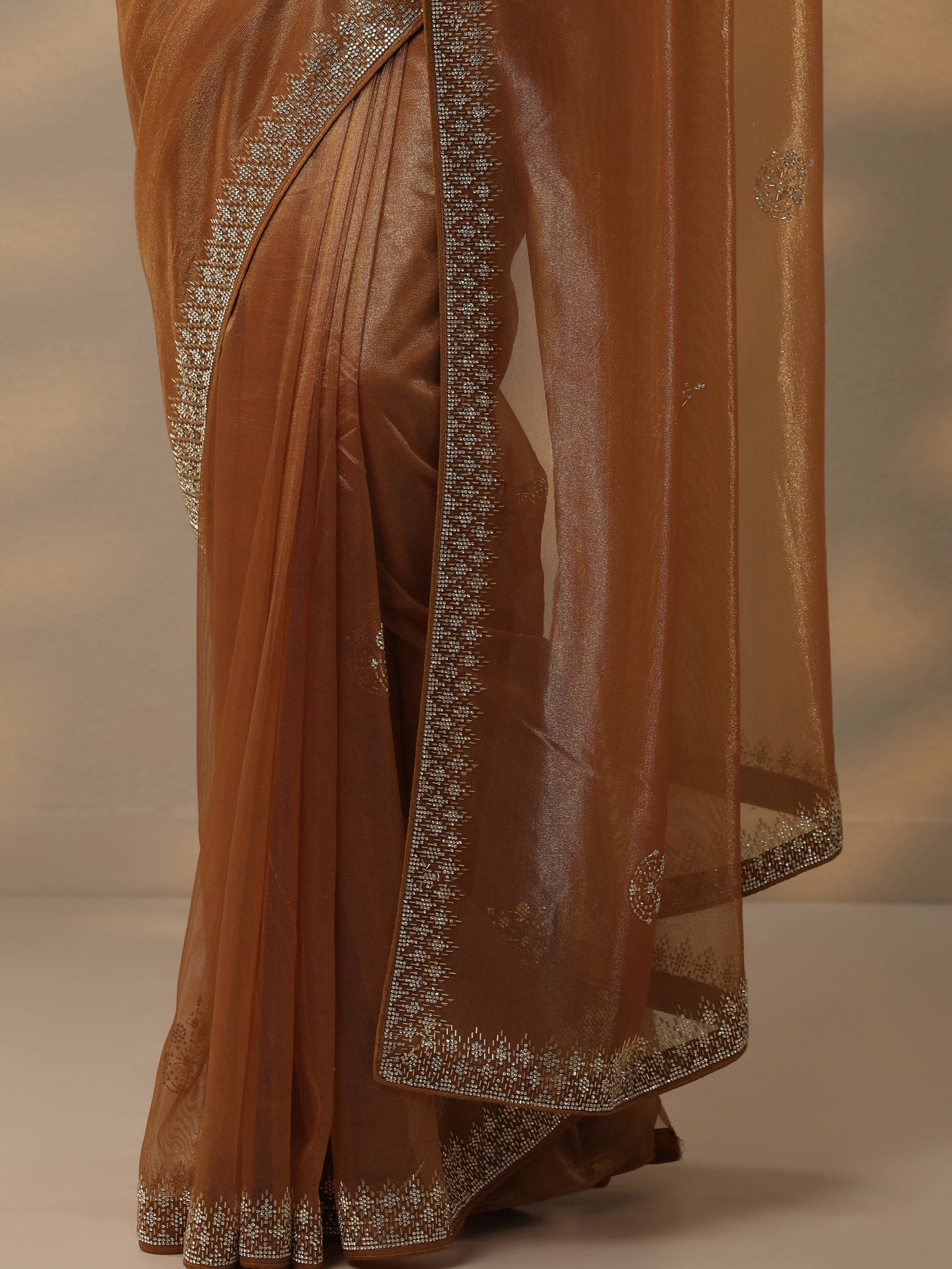 Rust Embellished Nylon Saree With Unstitched Blouse Piece