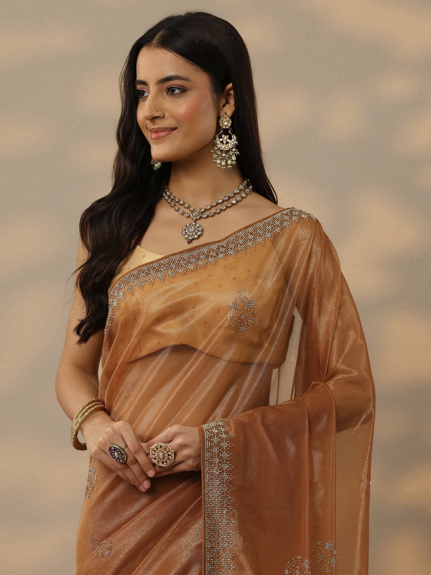 Rust Embellished Nylon Saree With Unstitched Blouse Piece