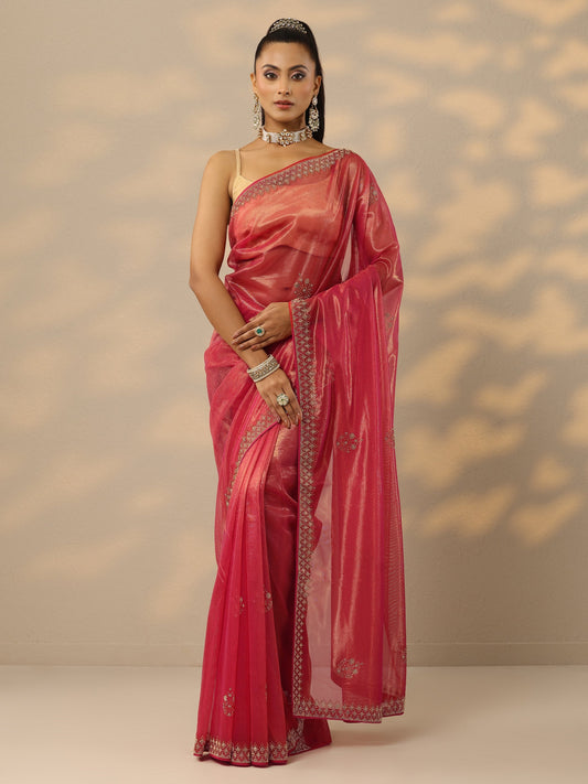 Pink Embellished Nylon Saree With Unstitched Blouse Piece