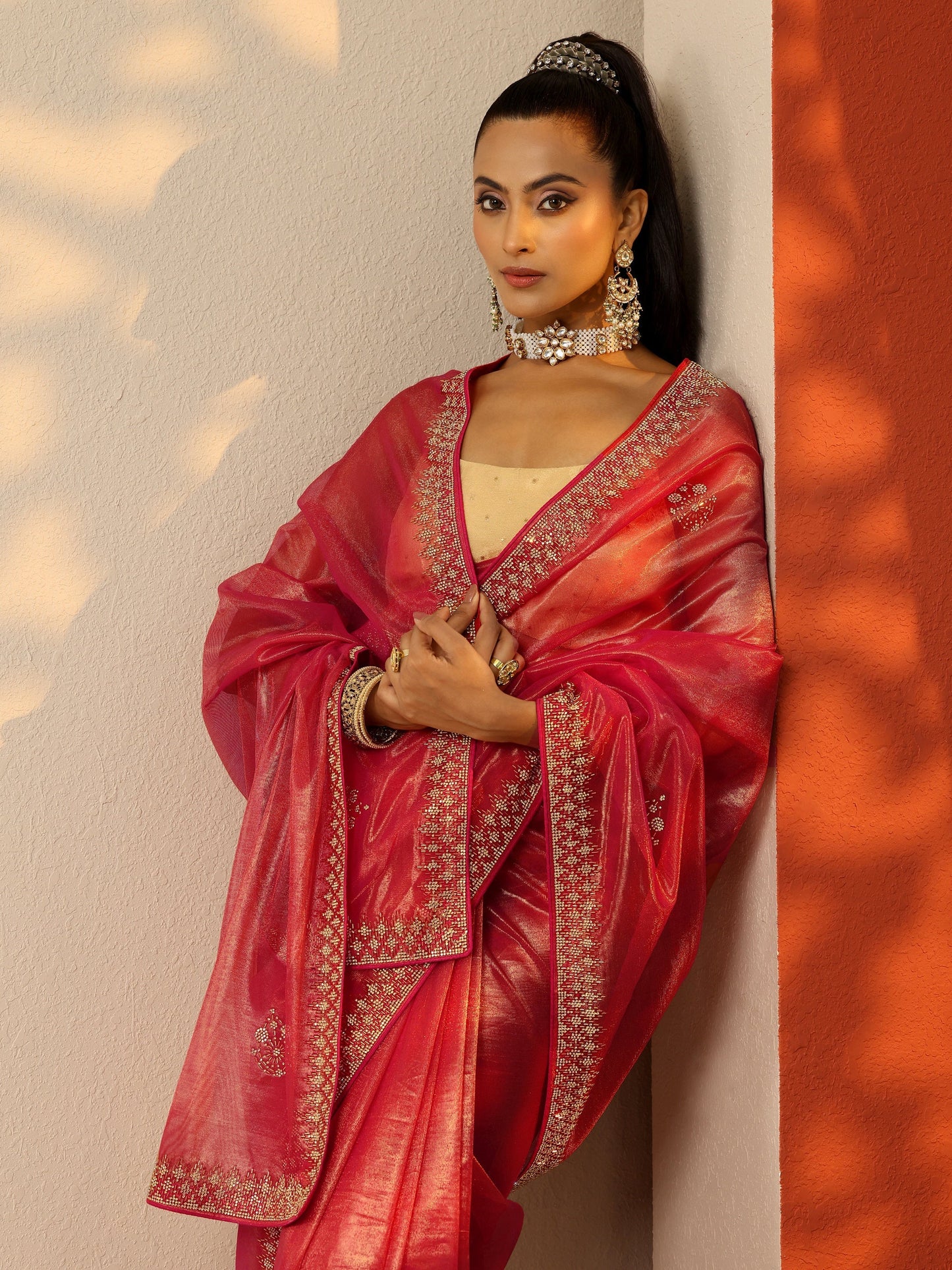 Pink Embellished Nylon Saree With Unstitched Blouse Piece