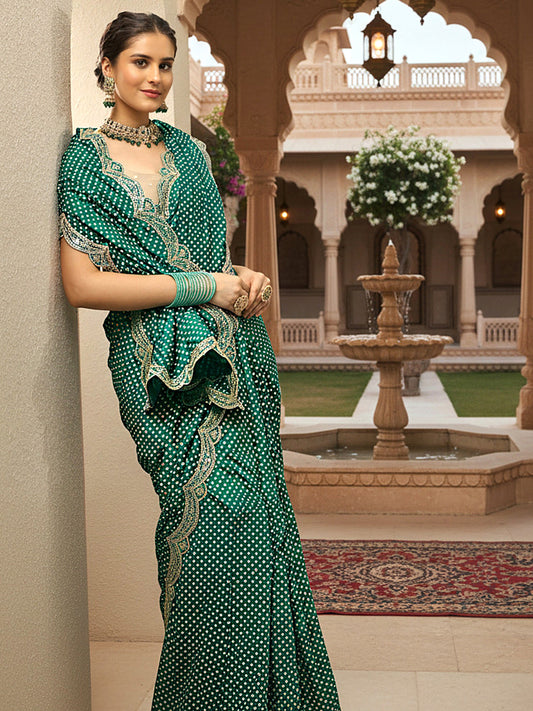 Green Bandhani  Printed Silk Blend Saree With Unstitched Blouse Piece