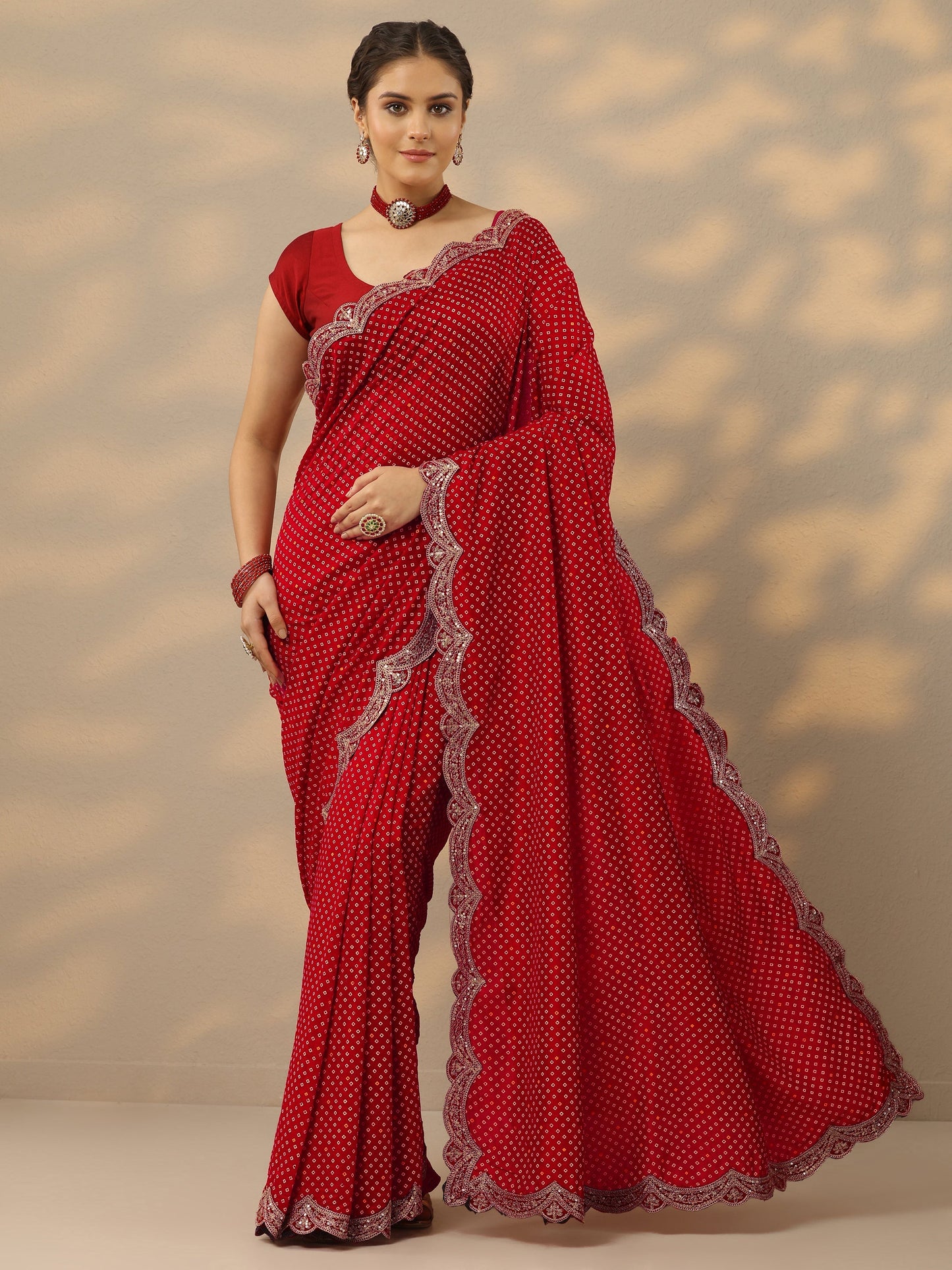 Red Bandhani  Printed Silk Blend Saree With Unstitched Blouse Piece