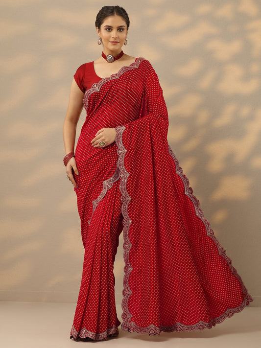 Red Bandhani  Printed Silk Blend Saree With Unstitched Blouse Piece