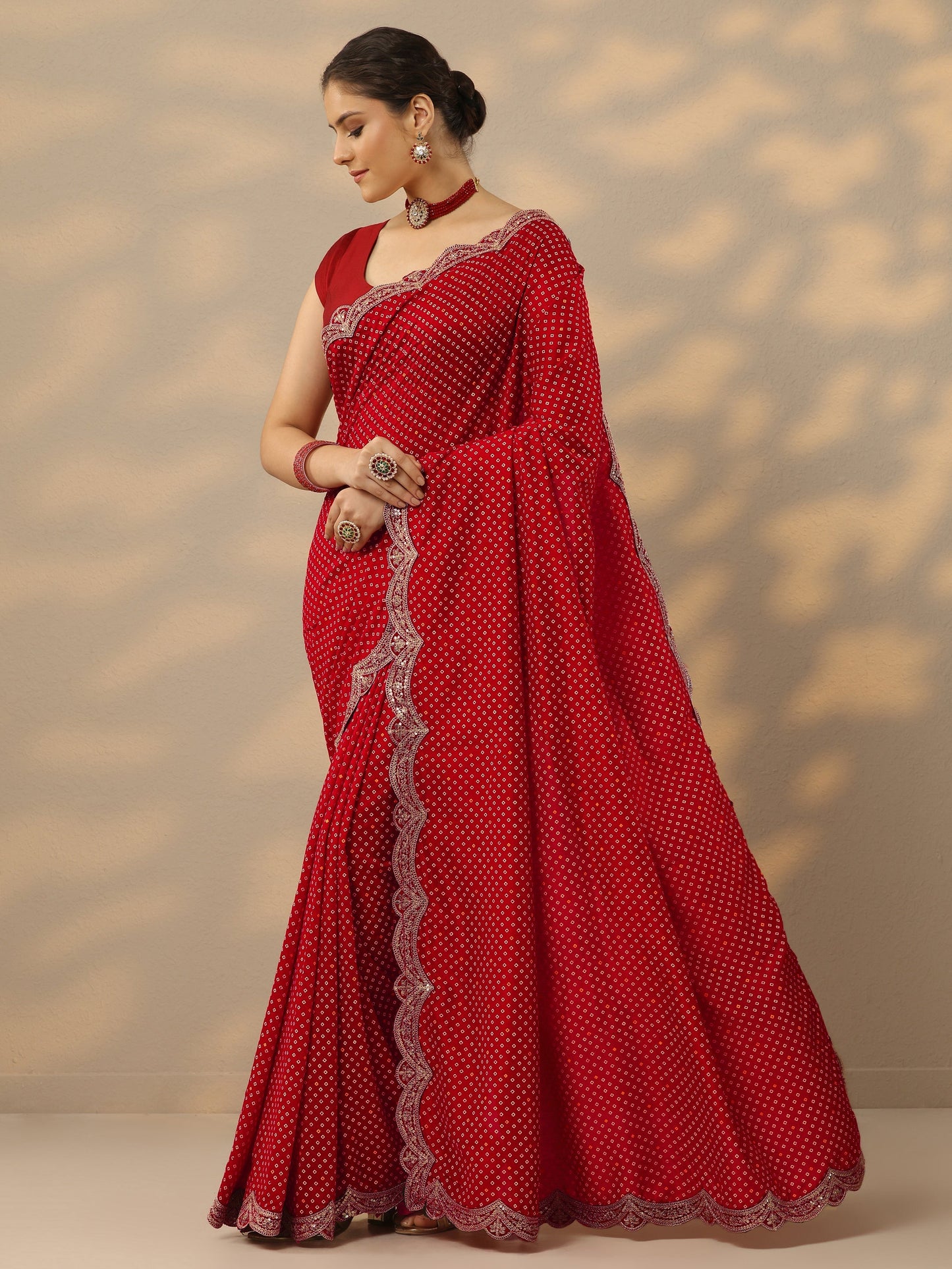 Red Bandhani  Printed Silk Blend Saree With Unstitched Blouse Piece