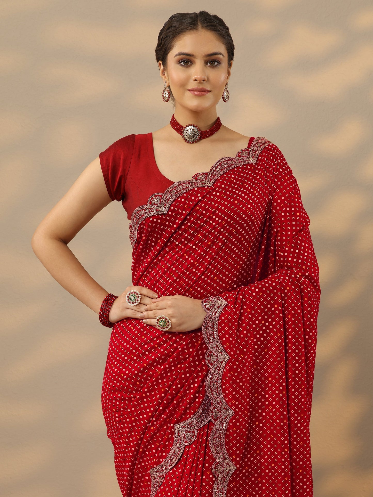 Red Bandhani  Printed Silk Blend Saree With Unstitched Blouse Piece
