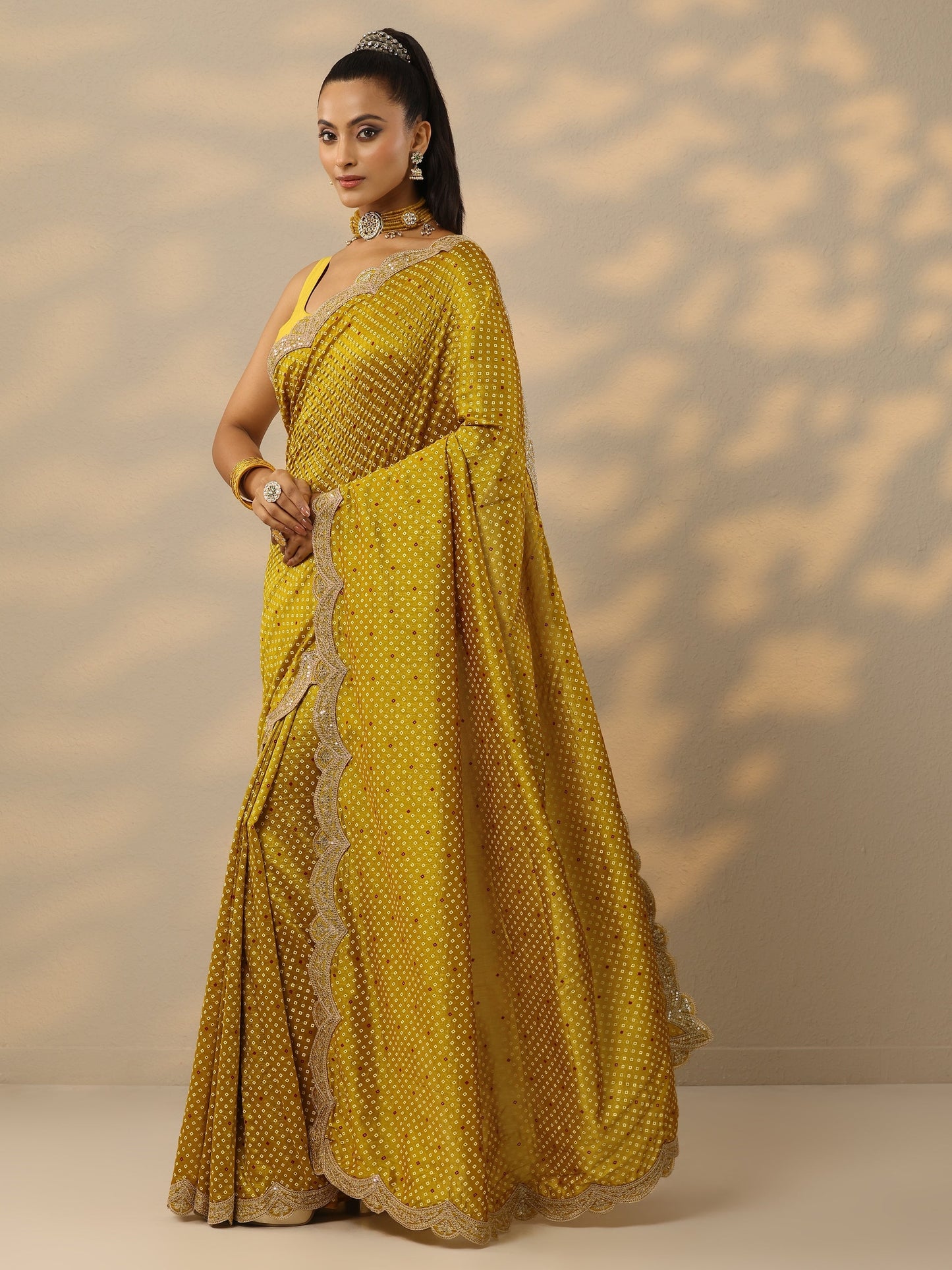 Mustard Bandhani  Printed Silk Blend Saree With Unstitched Blouse Piece