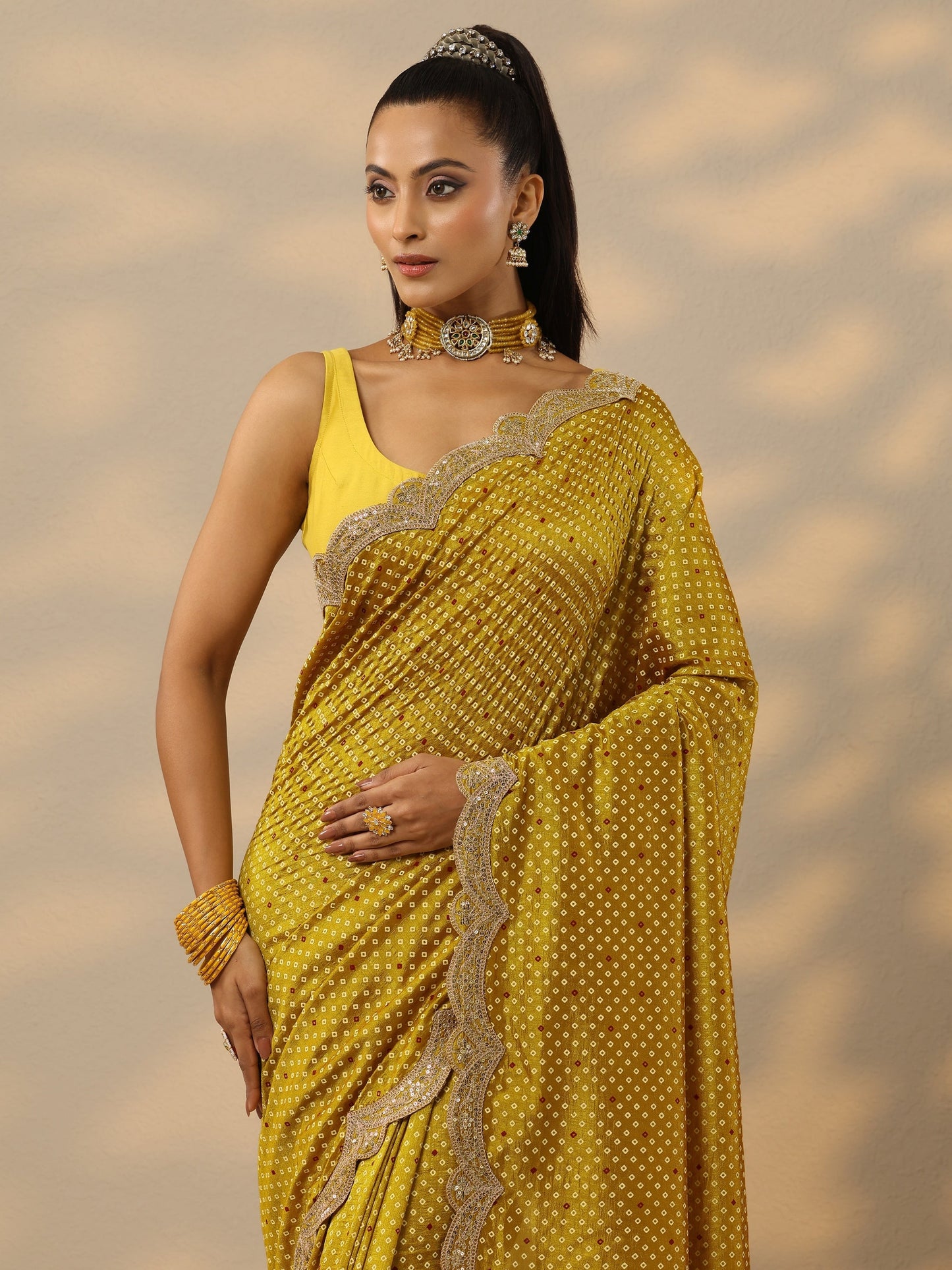 Mustard Bandhani  Printed Silk Blend Saree With Unstitched Blouse Piece