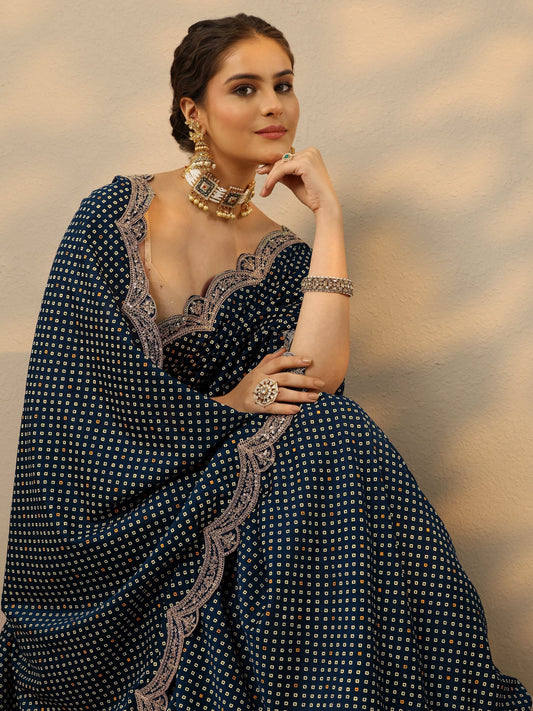 Blue Printed Silk Blend Saree With Unstitched Blouse Piece