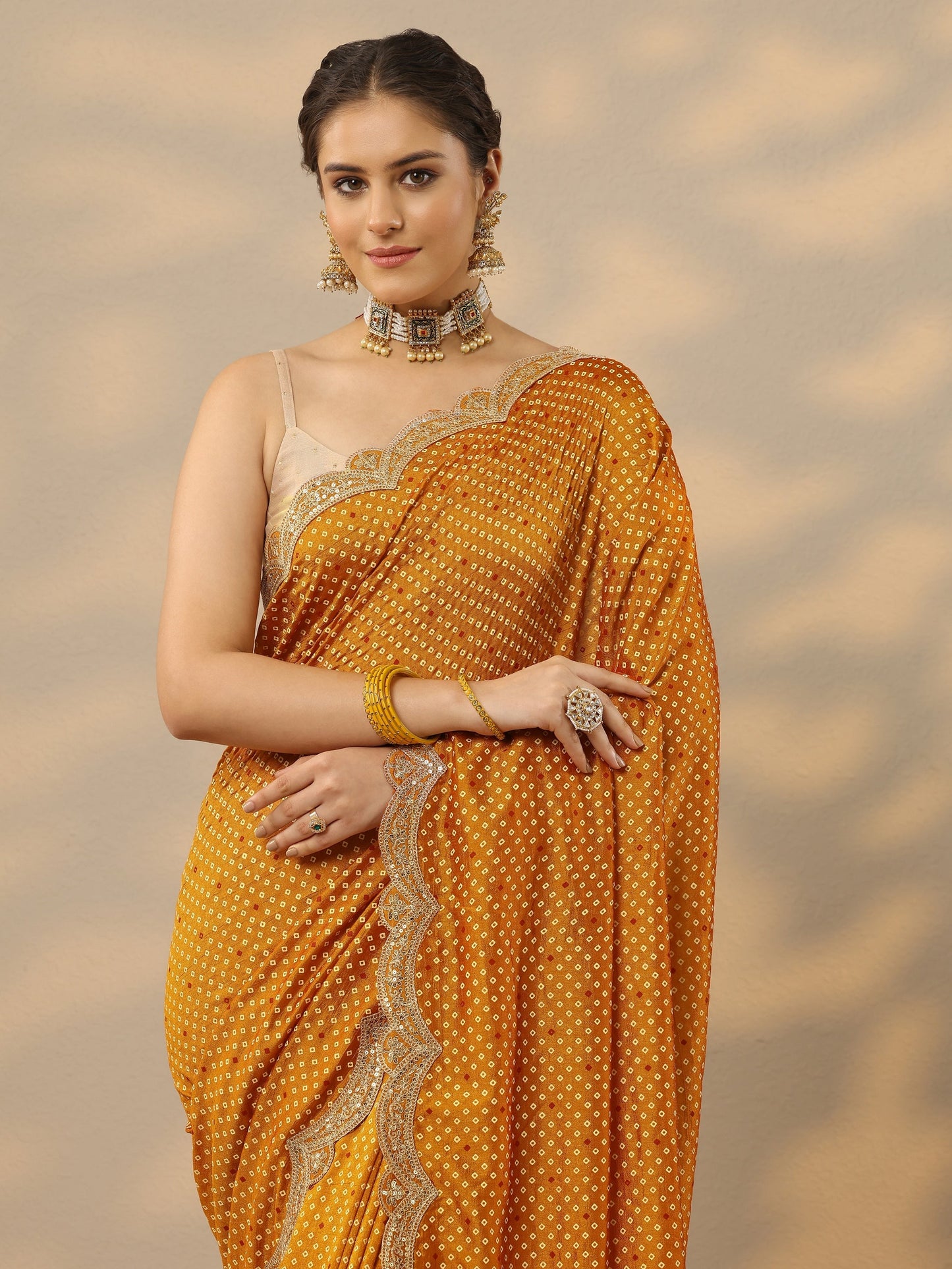 Mustard Bandhani  Printed Silk Blend Saree With Unstitched Blouse Piece