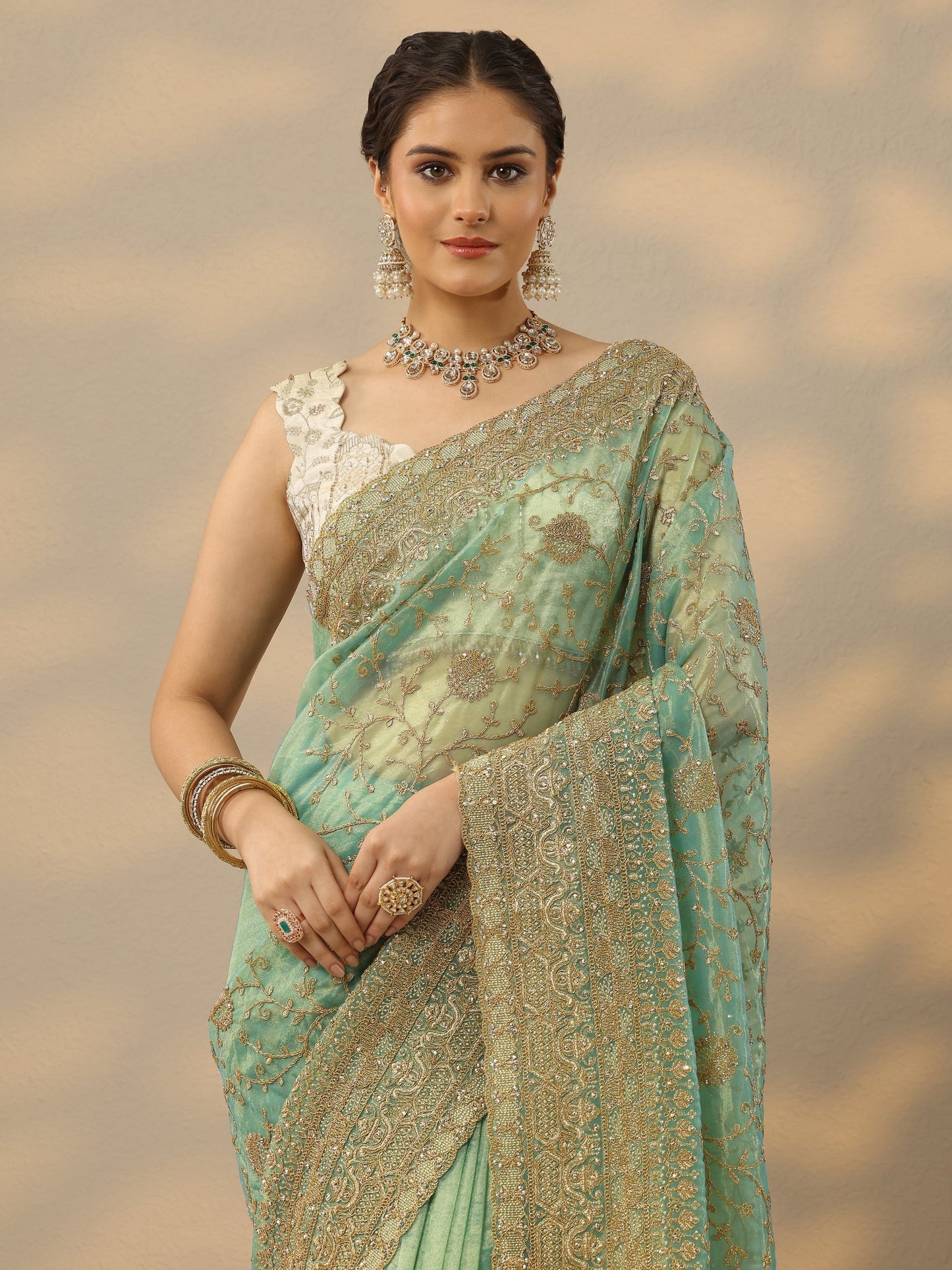 Blue Embroidered Banarasi Nylon Saree With Unstitched Blouse Piece