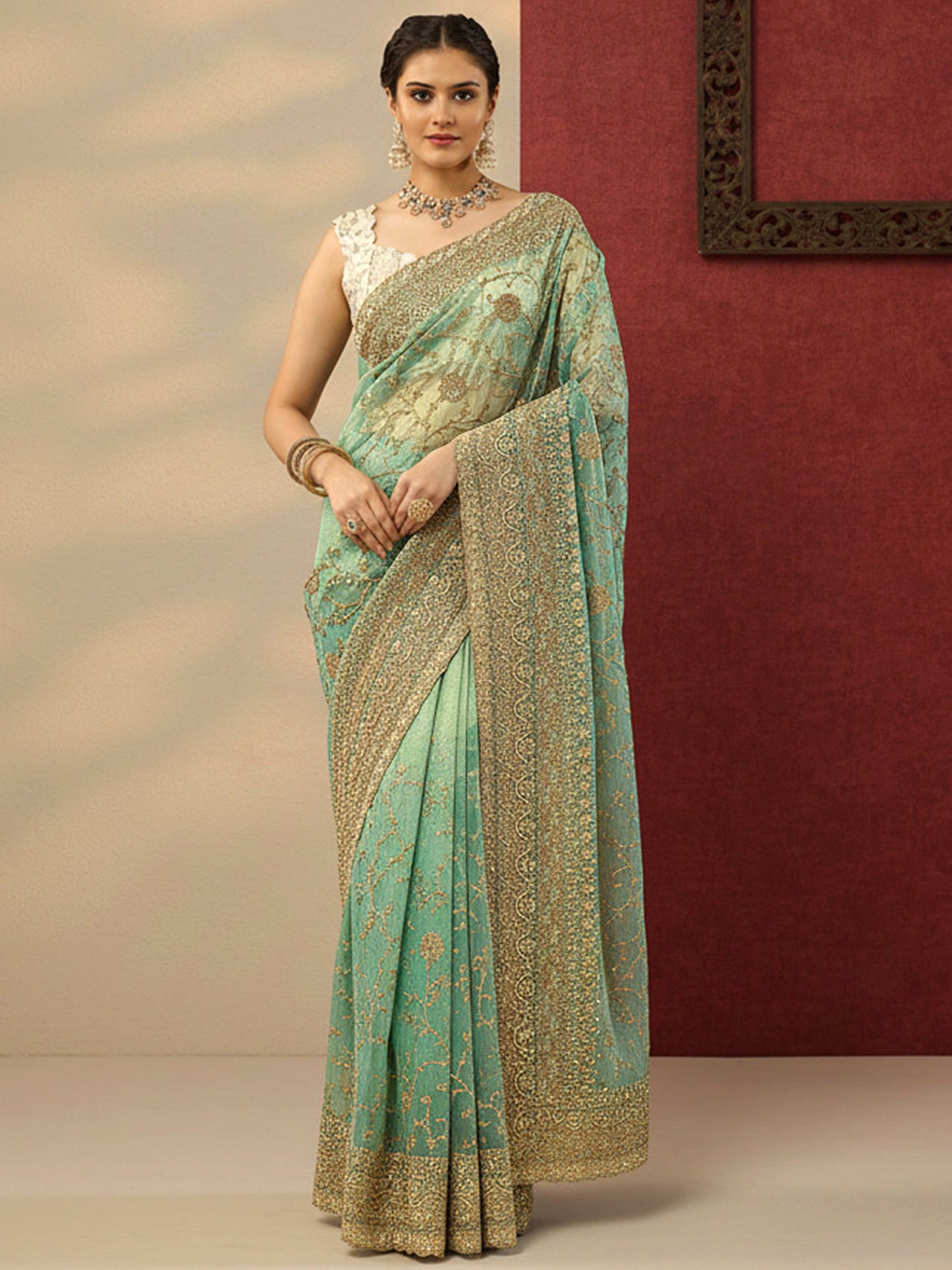 Blue Embroidered Banarasi Nylon Saree With Unstitched Blouse Piece