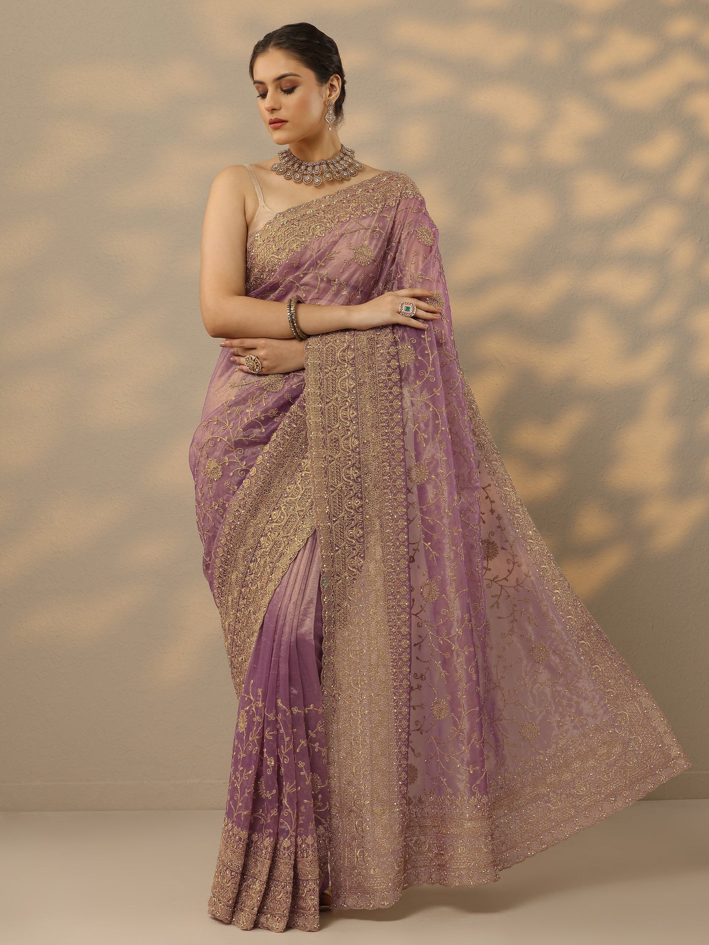 Mauve Embroidered Nylon Saree With Unstitched Blouse Piece