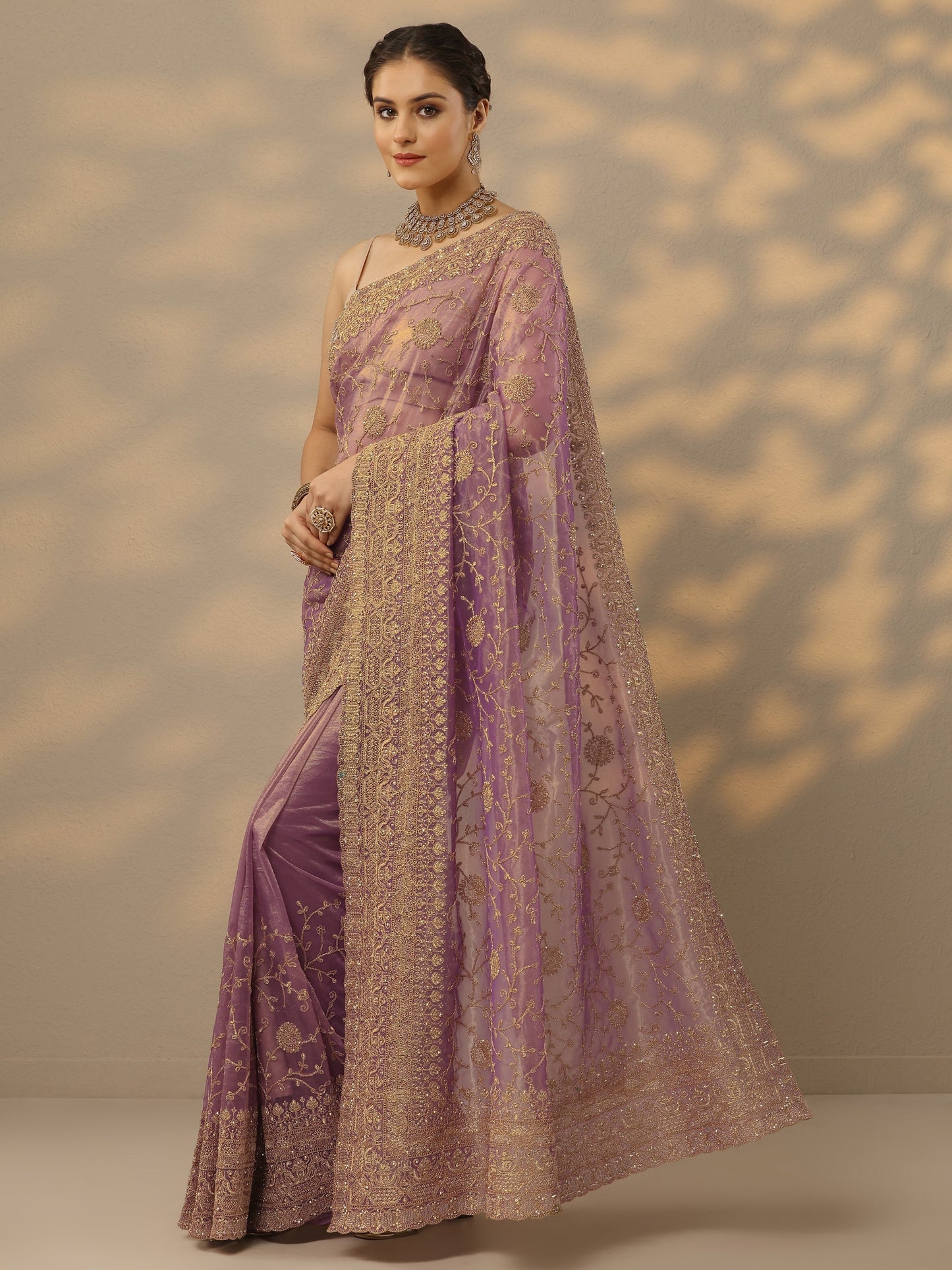Mauve Embroidered Nylon Saree With Unstitched Blouse Piece