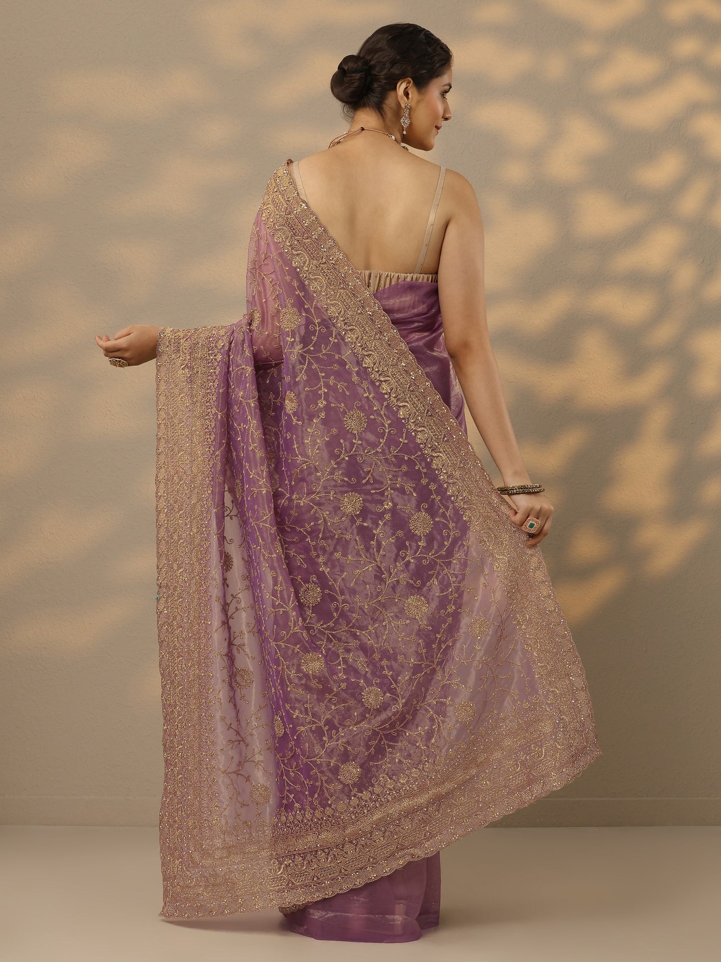 Mauve Embroidered Nylon Saree With Unstitched Blouse Piece