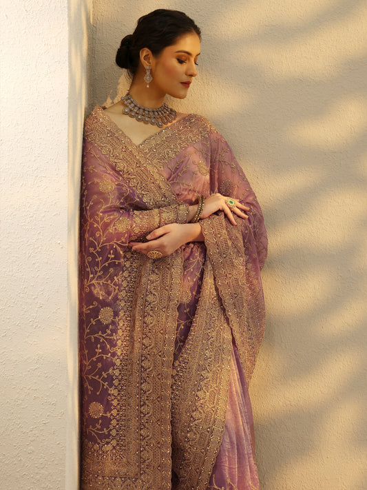 Mauve Embroidered Nylon Saree With Unstitched Blouse Piece