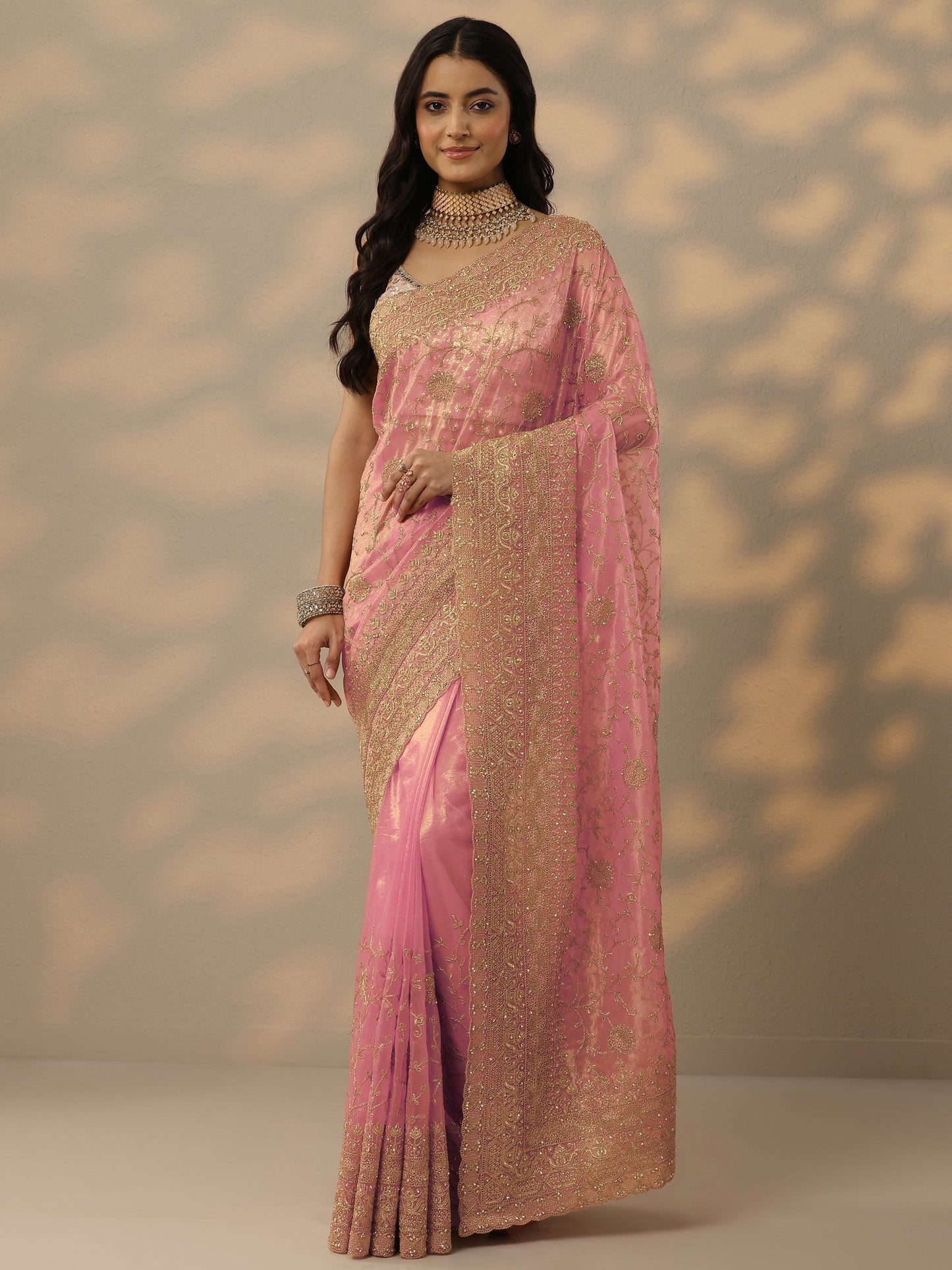 Peach Embroidered Nylon Saree With Unstitched Blouse Piece