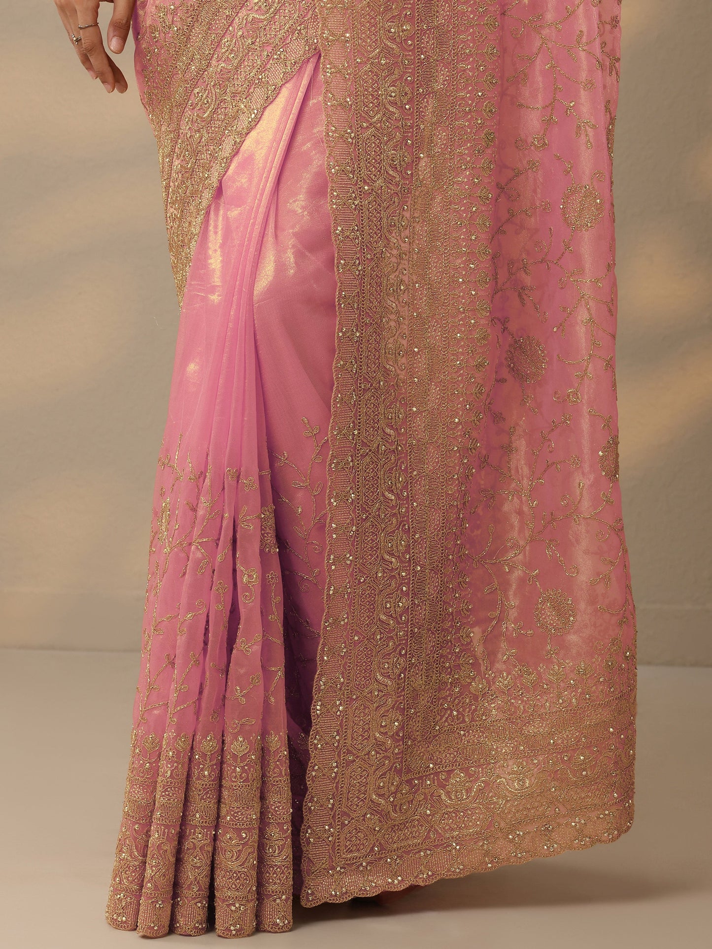 Peach Embroidered Nylon Saree With Unstitched Blouse Piece