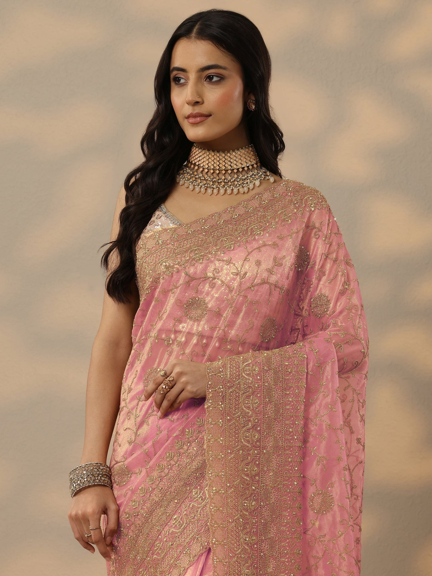 Peach Embroidered Nylon Saree With Unstitched Blouse Piece
