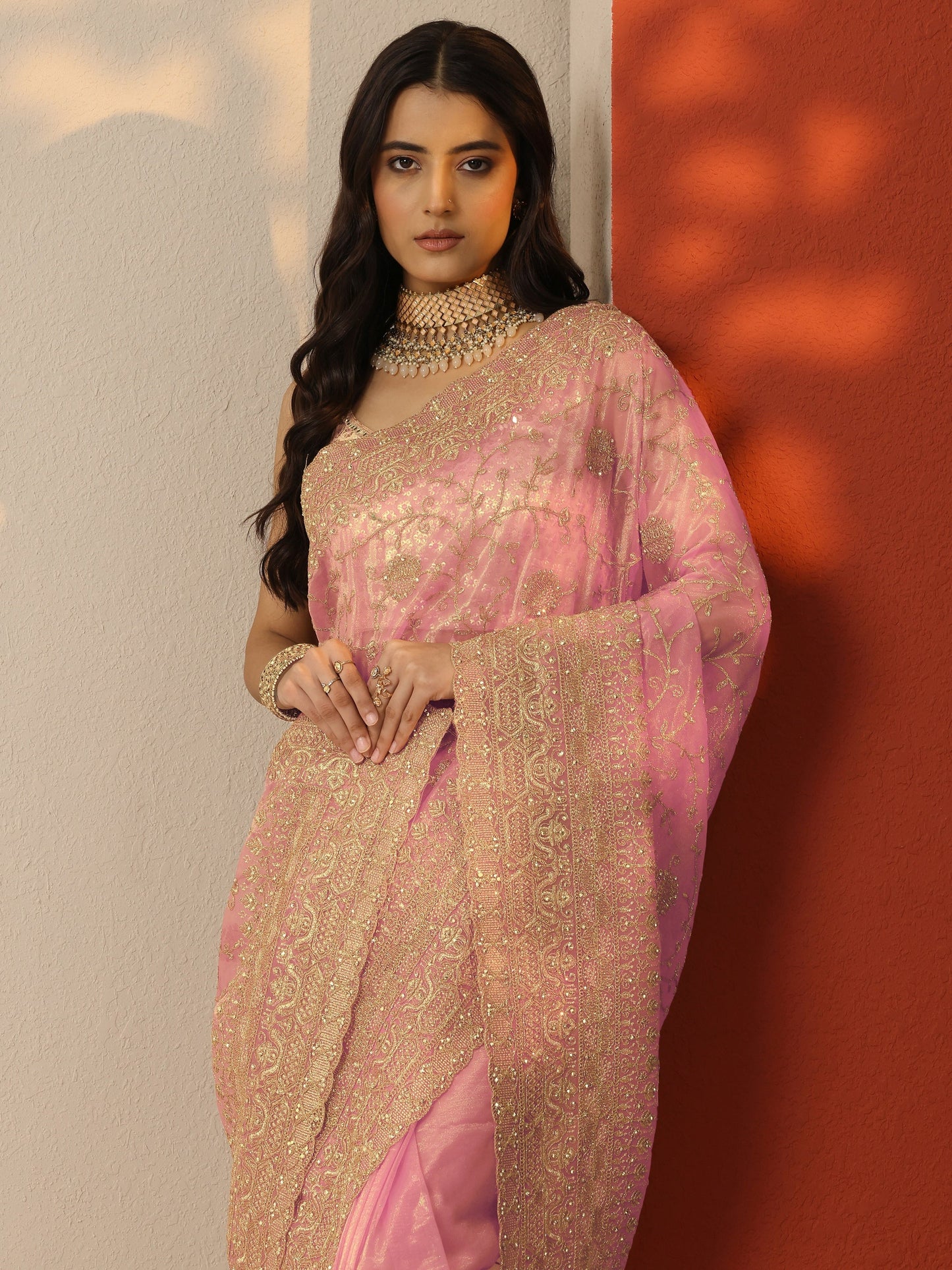 Peach Embroidered Nylon Saree With Unstitched Blouse Piece