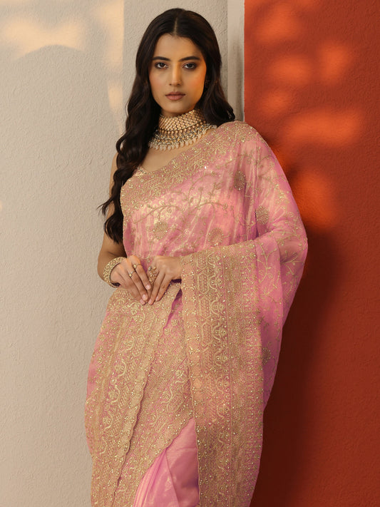 Peach Embroidered Nylon Saree With Unstitched Blouse Piece