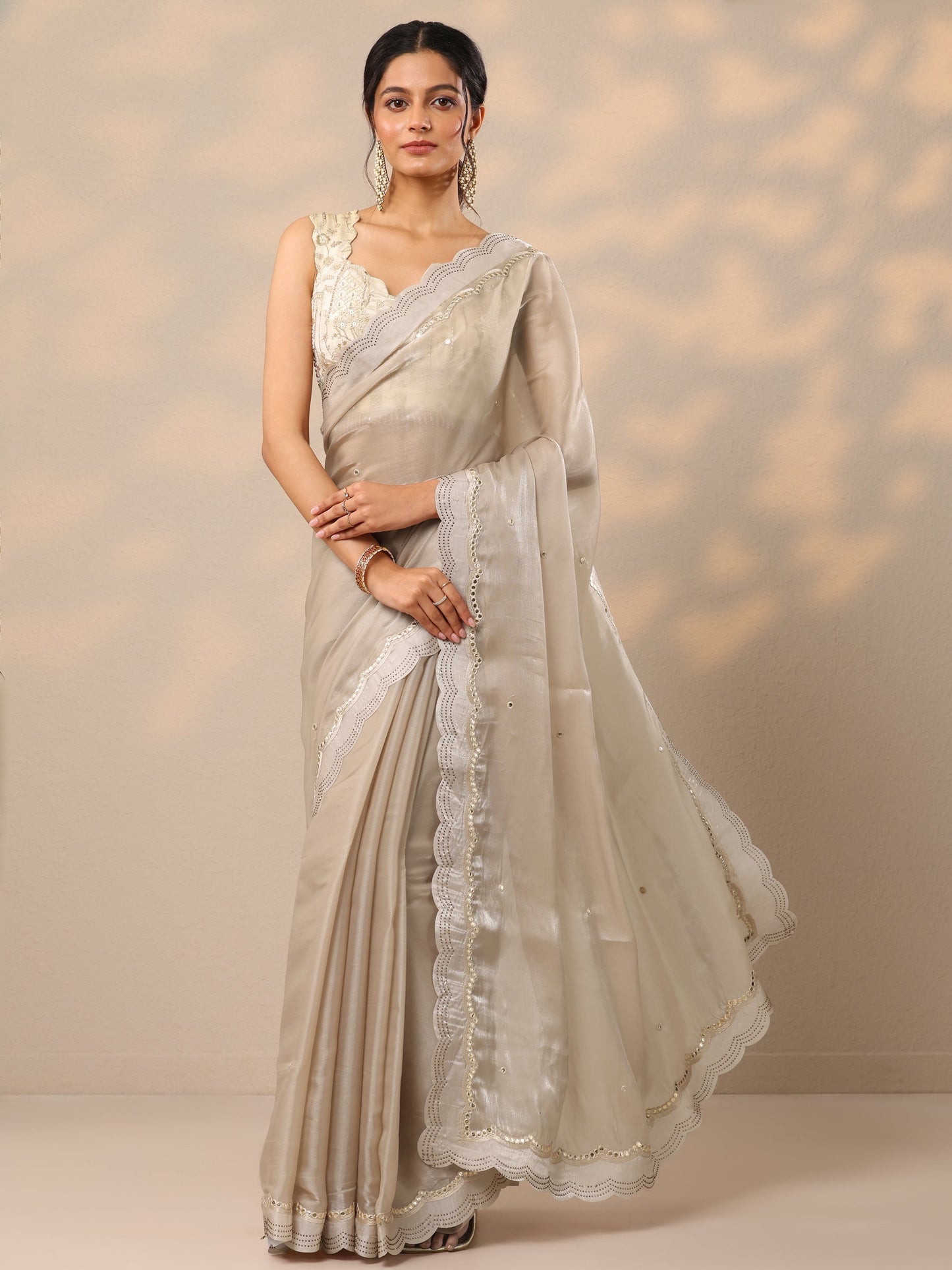 Beige Embellished Organza Sarees With Unstitched Blouse Piece