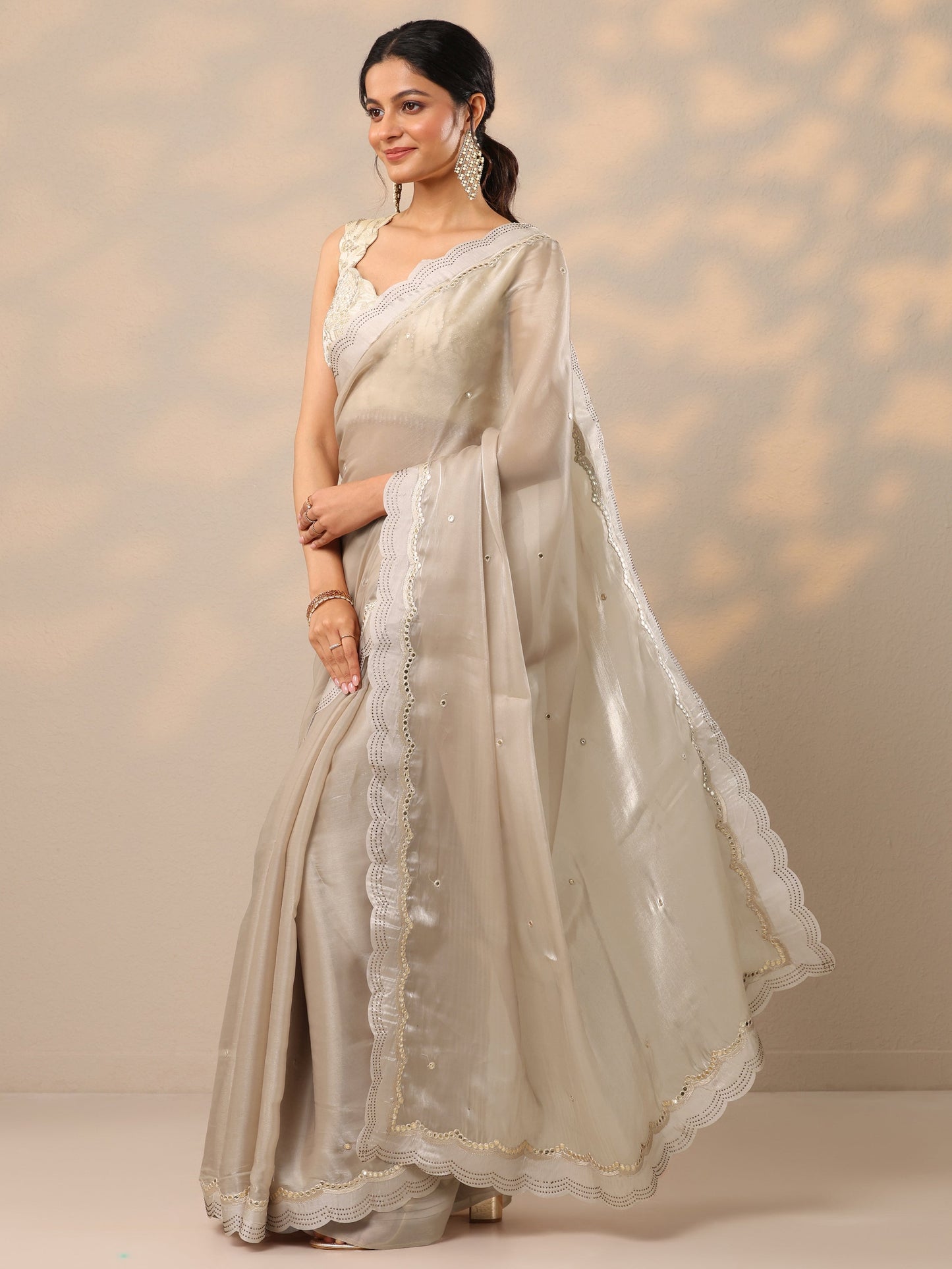 Beige Embellished Organza Sarees With Unstitched Blouse Piece