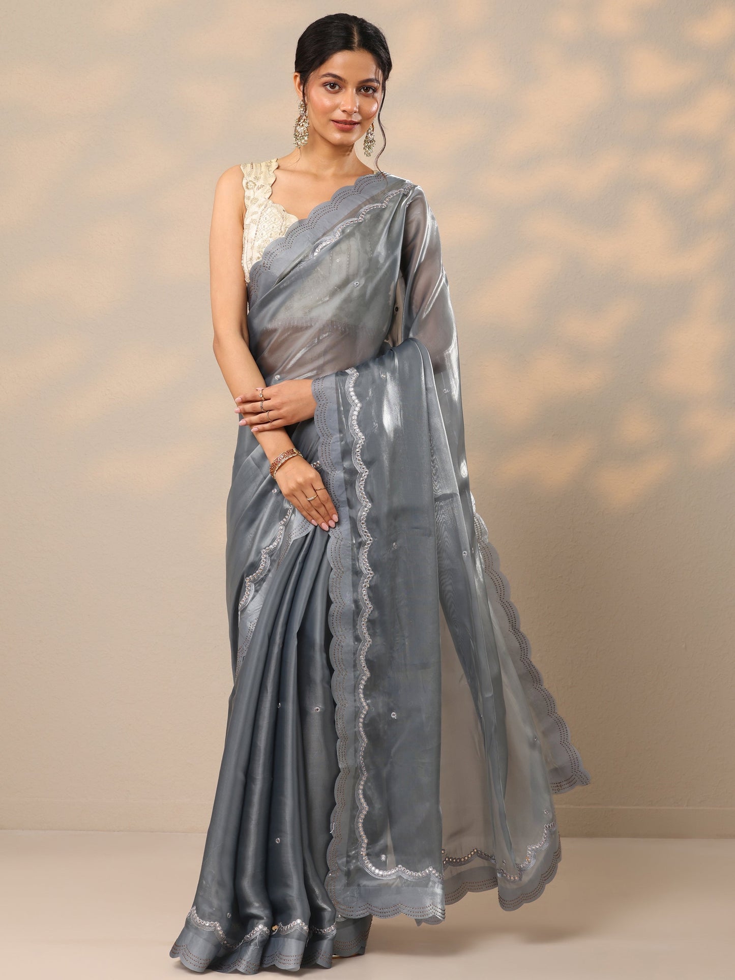 Grey Embellished Organza Sarees With Unstitched Blouse Piece