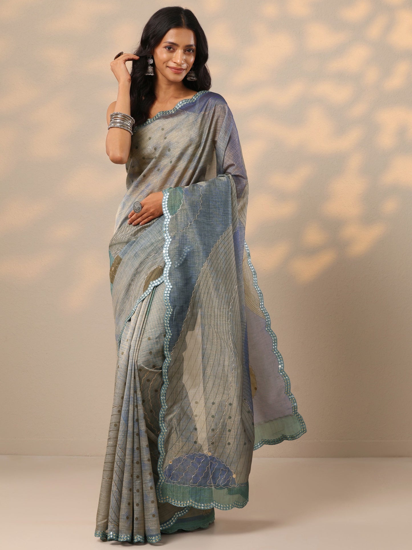 Blue Printed Silk blend Saree With Unstitched Blouse Piece