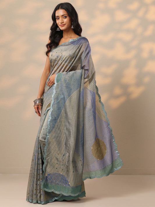 Blue Printed Silk blend Saree With Unstitched Blouse Piece