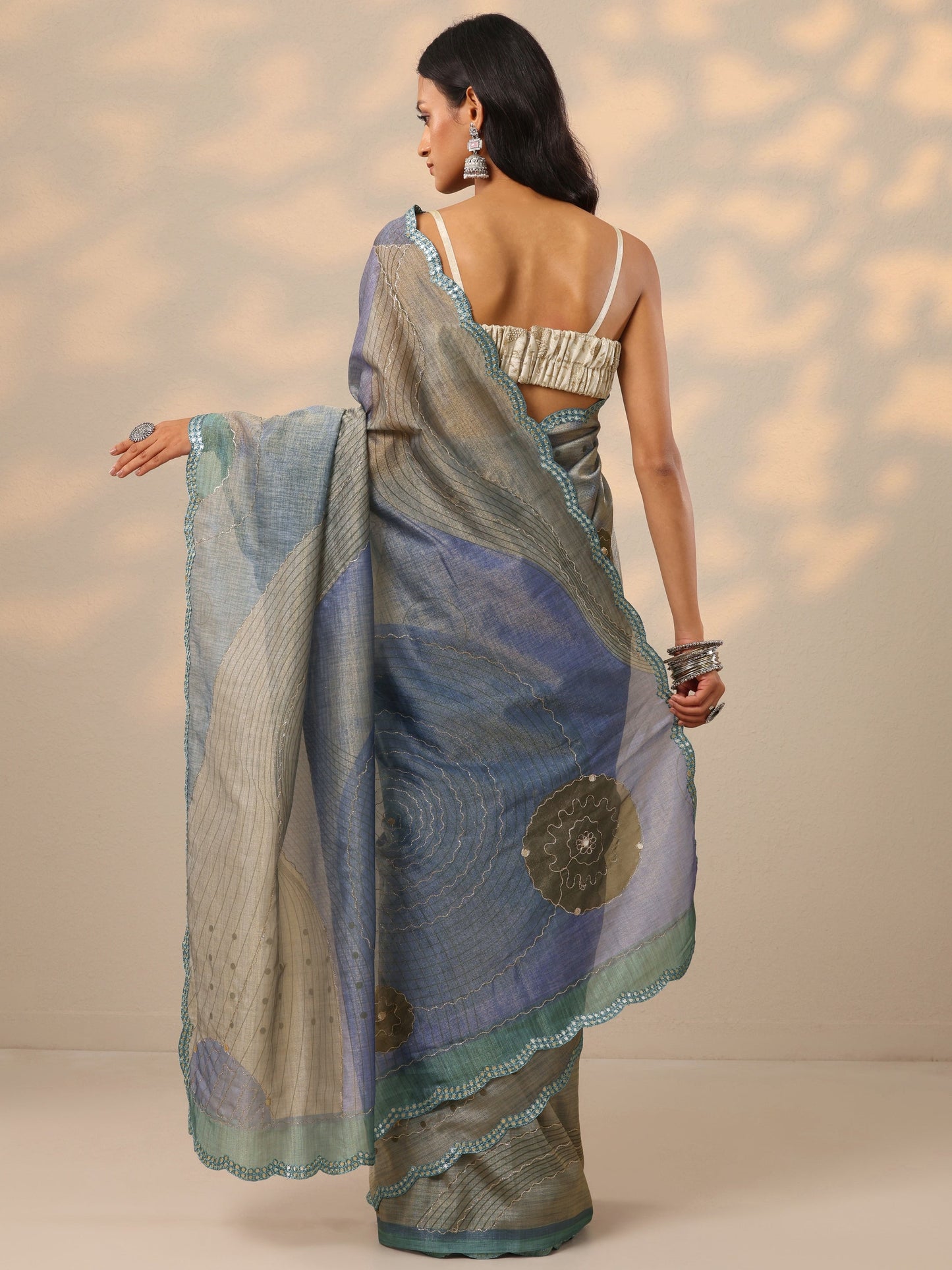 Blue Printed Silk blend Saree With Unstitched Blouse Piece