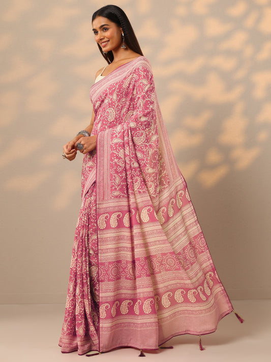 Peach Printed Georgette Saree With Unstitched Blouse Piece