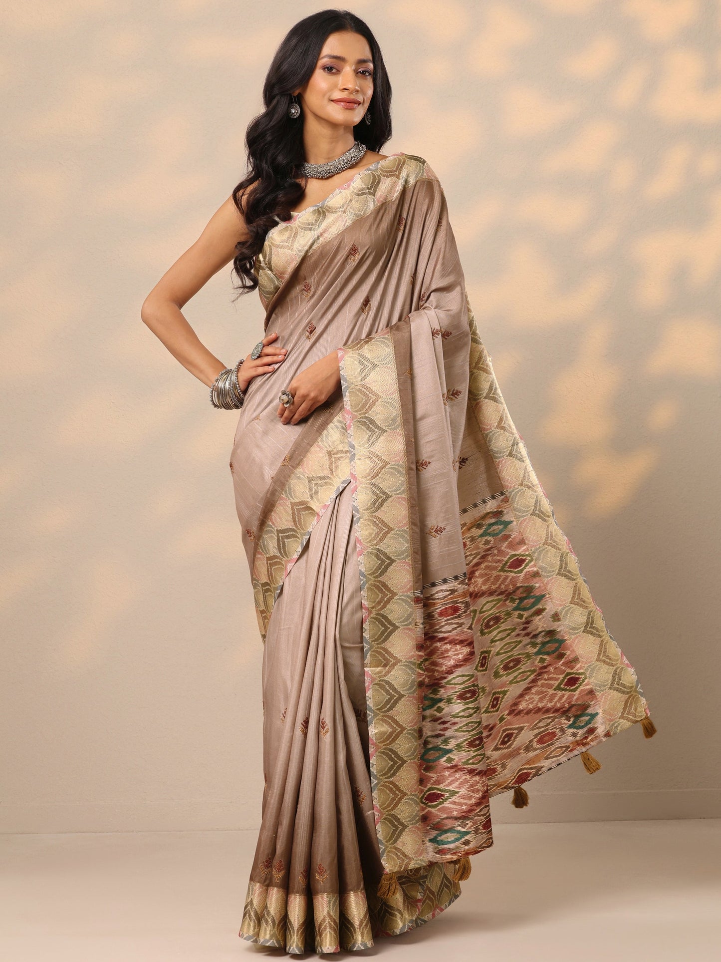 Beige Woven Design Silk Blend Saree With Unstitched Blouse Piece