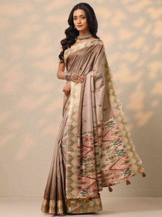 Beige Woven Design Silk Blend Saree With Unstitched Blouse Piece