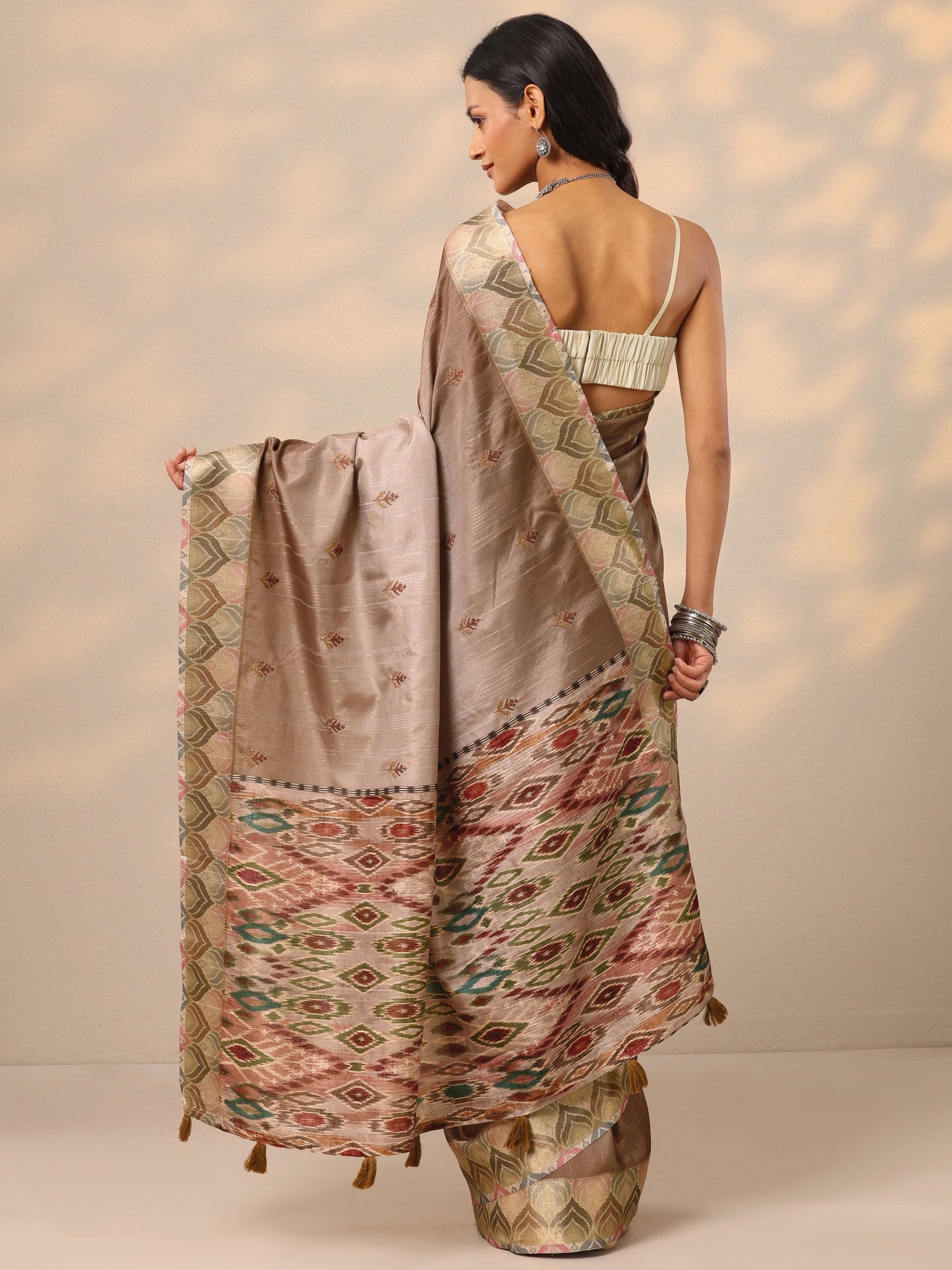 Beige Woven Design Silk Blend Saree With Unstitched Blouse Piece