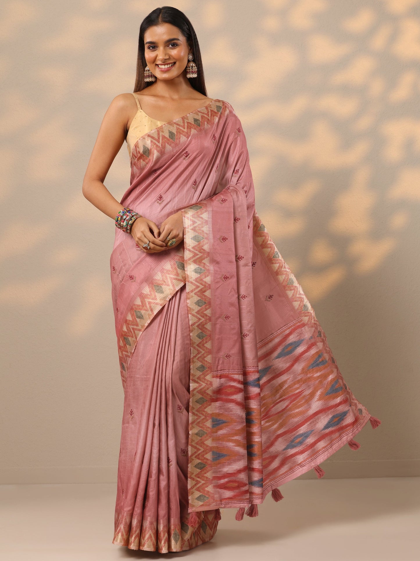 Peach Ikat Woven Design Silk Blend Saree With Unstitched Blouse Piece