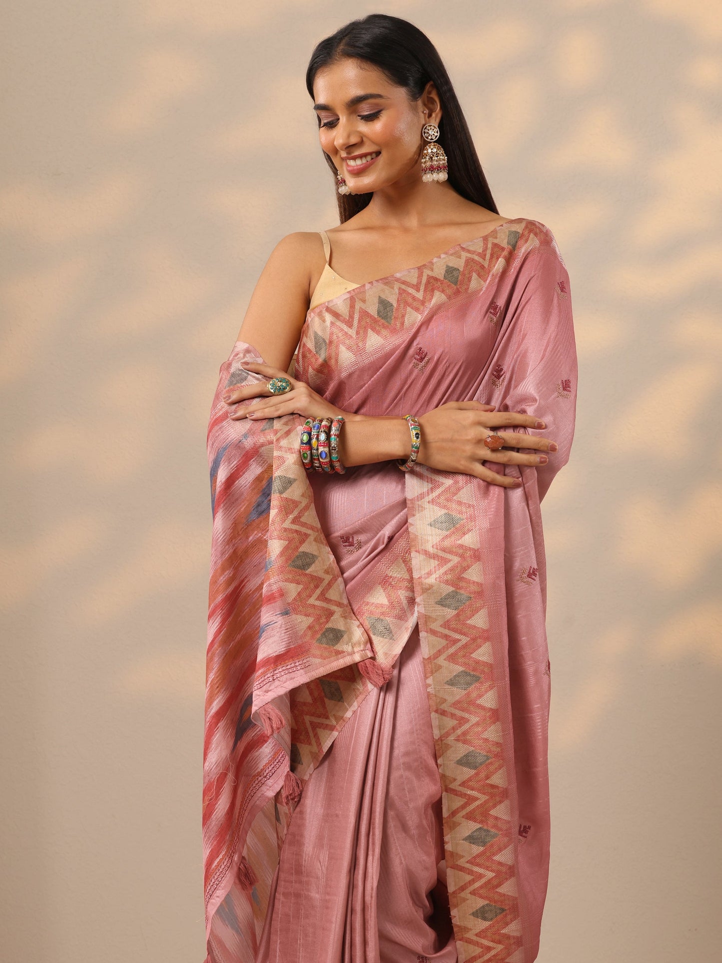 Peach Ikat Woven Design Silk Blend Saree With Unstitched Blouse Piece