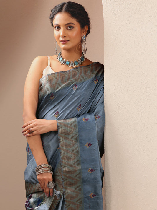 Grey Ikat Woven Design Silk Blend Saree With Unstitched Blouse Piece