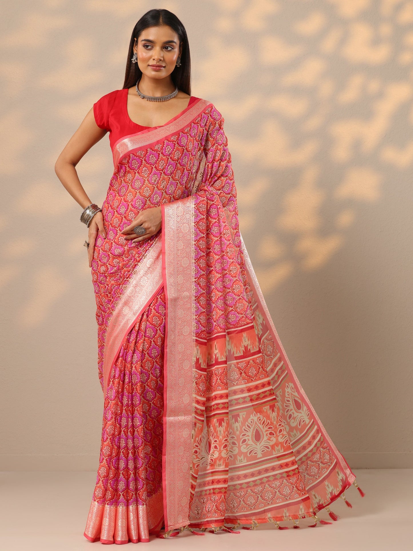Orange Printed Banarasi Georgette Saree With Unstitched Blouse Piece
