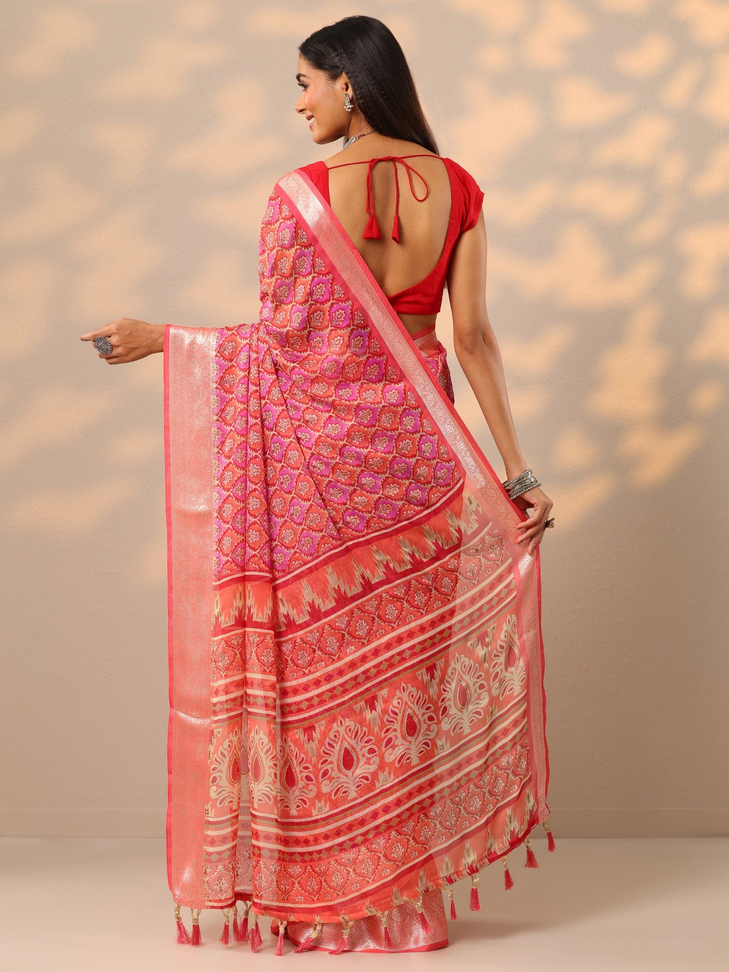 Orange Printed Banarasi Georgette Saree With Unstitched Blouse Piece
