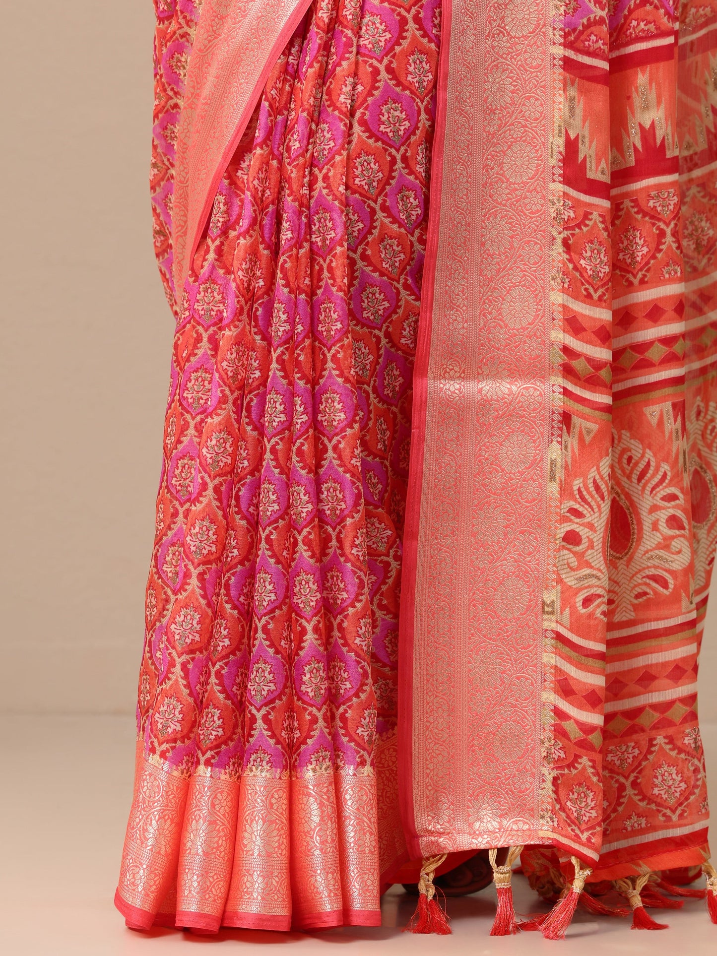 Orange Printed Banarasi Georgette Saree With Unstitched Blouse Piece