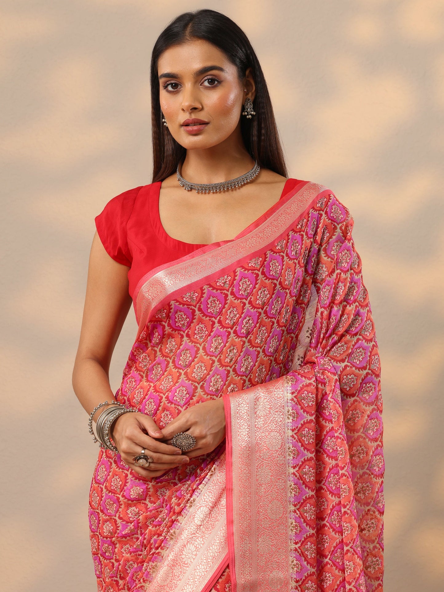 Orange Printed Banarasi Georgette Saree With Unstitched Blouse Piece