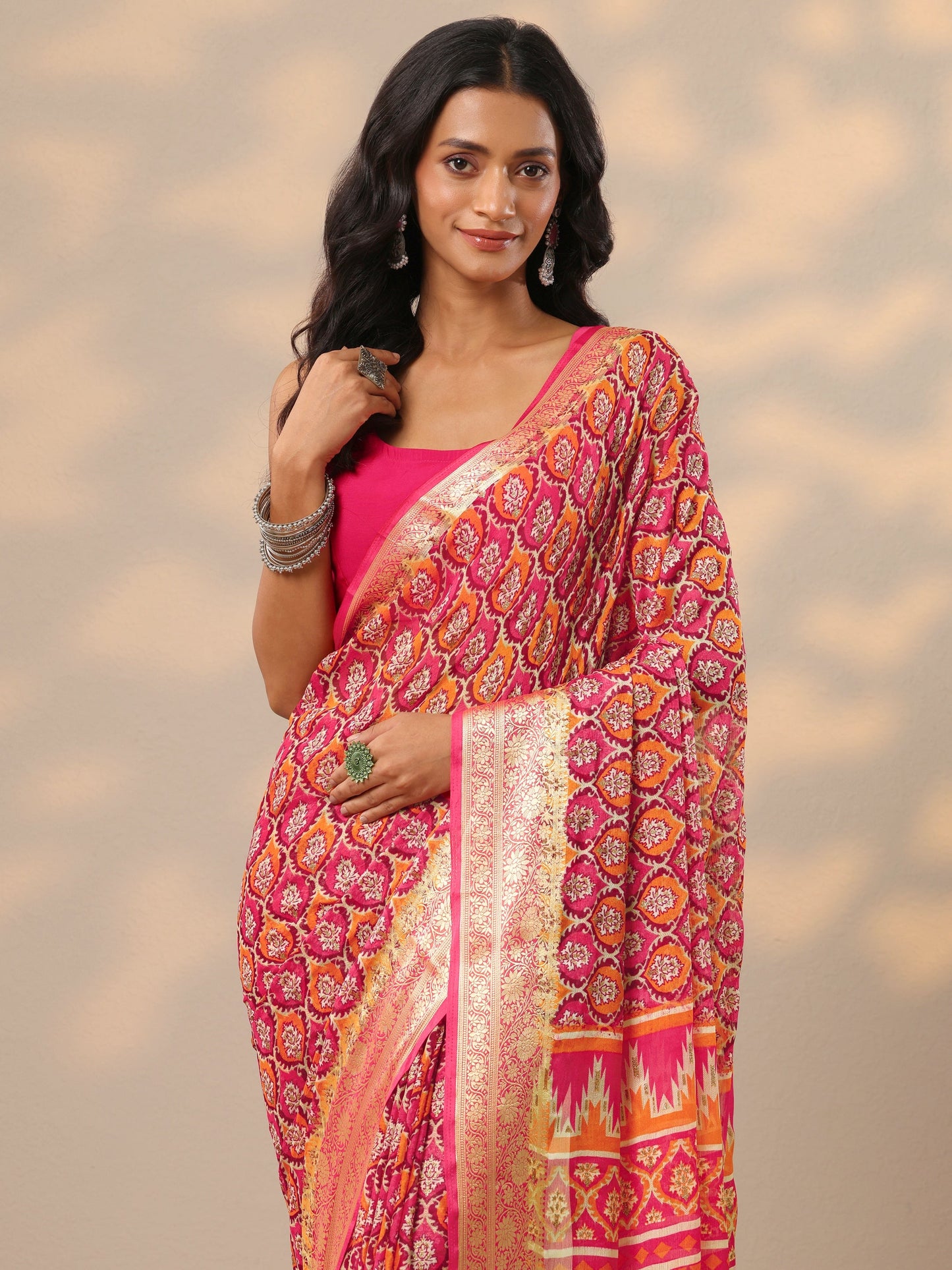 Magenta Printed Banarasi Georgette Saree With Unstitched Blouse Piece