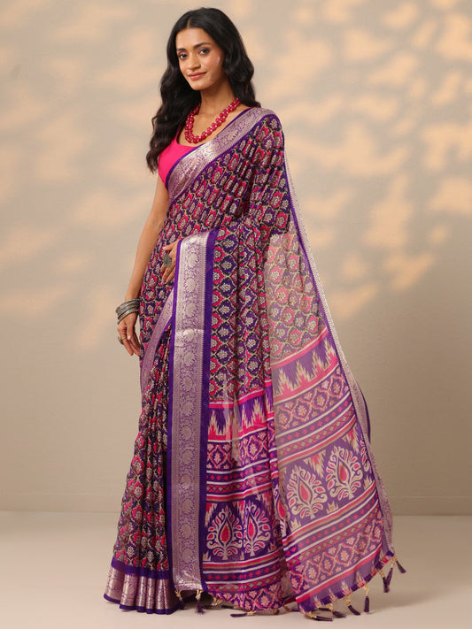 Purple Printed Georgette Saree With Unstitched Blouse Piece