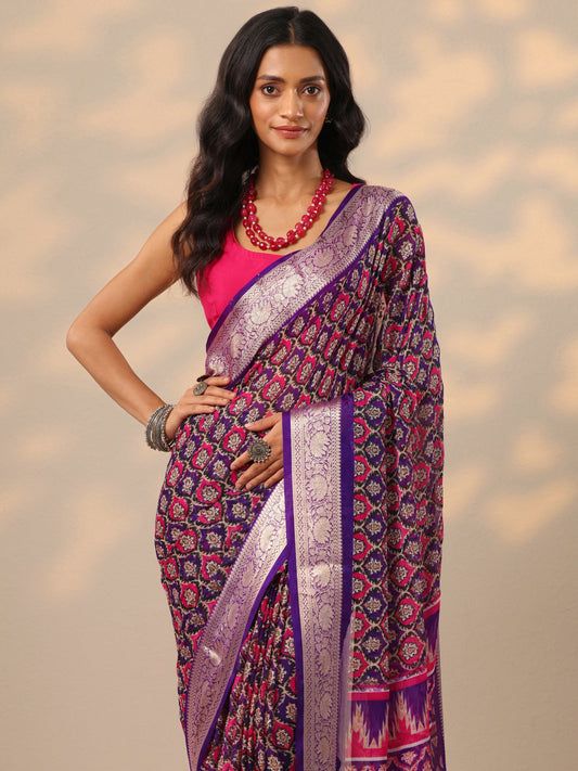 Purple Printed Georgette Saree With Unstitched Blouse Piece