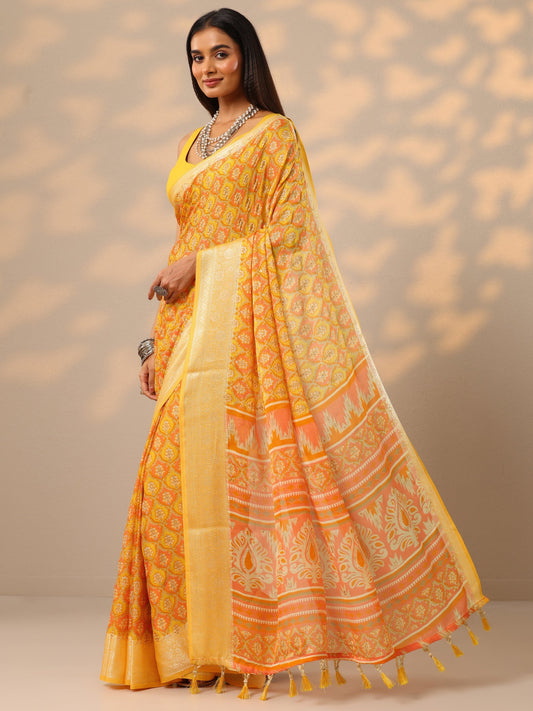 Yellow Printed Georgette Saree With Unstitched Blouse Piece