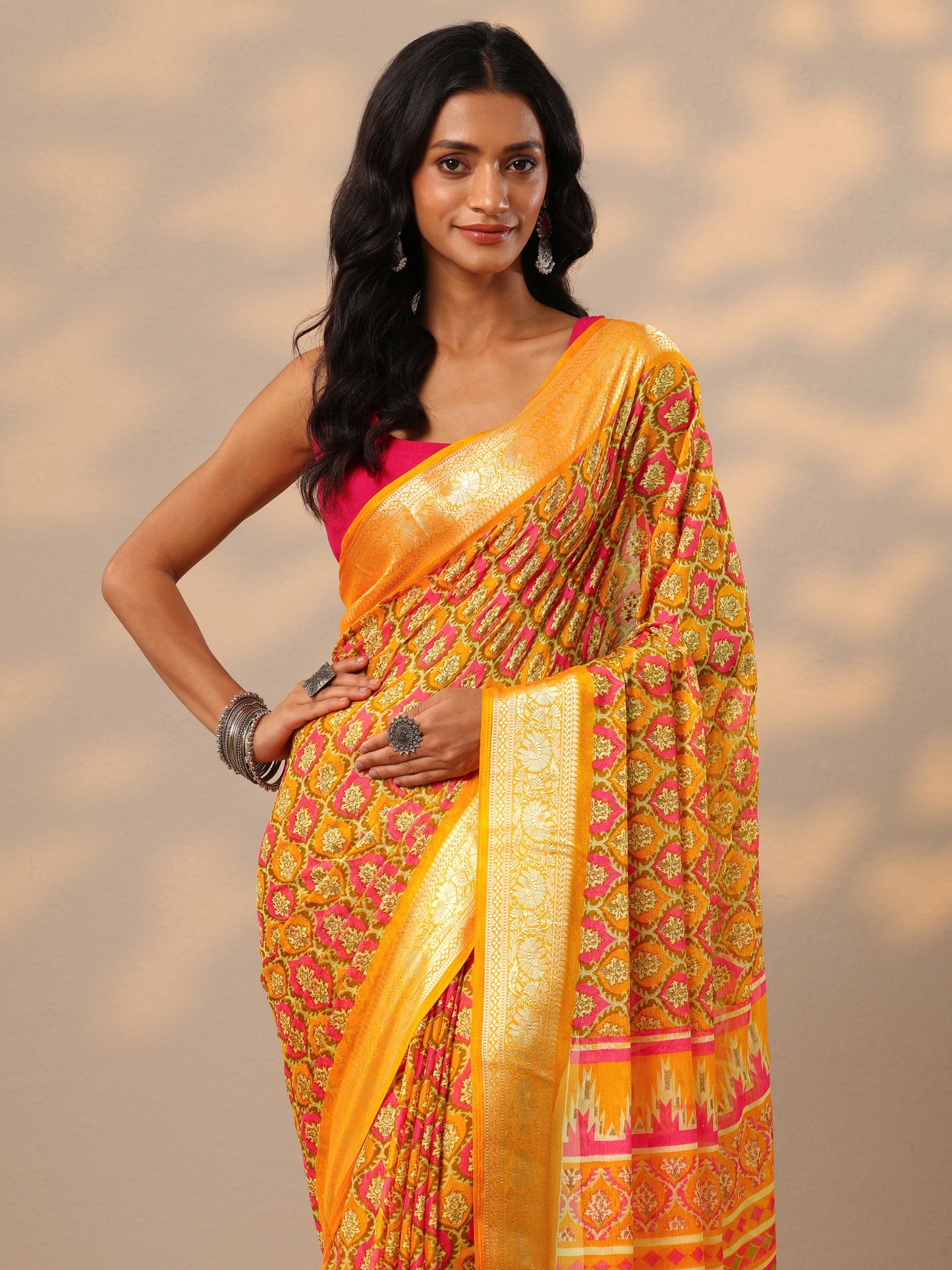 Mustard Printed Banarasi Georgette Saree With Unstitched Blouse Piece